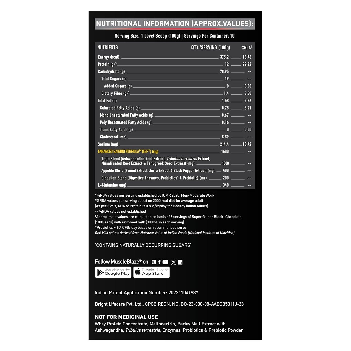 MuscleBlaze Super Gainer Black with Enhanced Gaining Formula™- Appetite, Digestion & Testo Blend for Muscle Mass Gain (Chocolate, 1 kg / 2.2 lb)