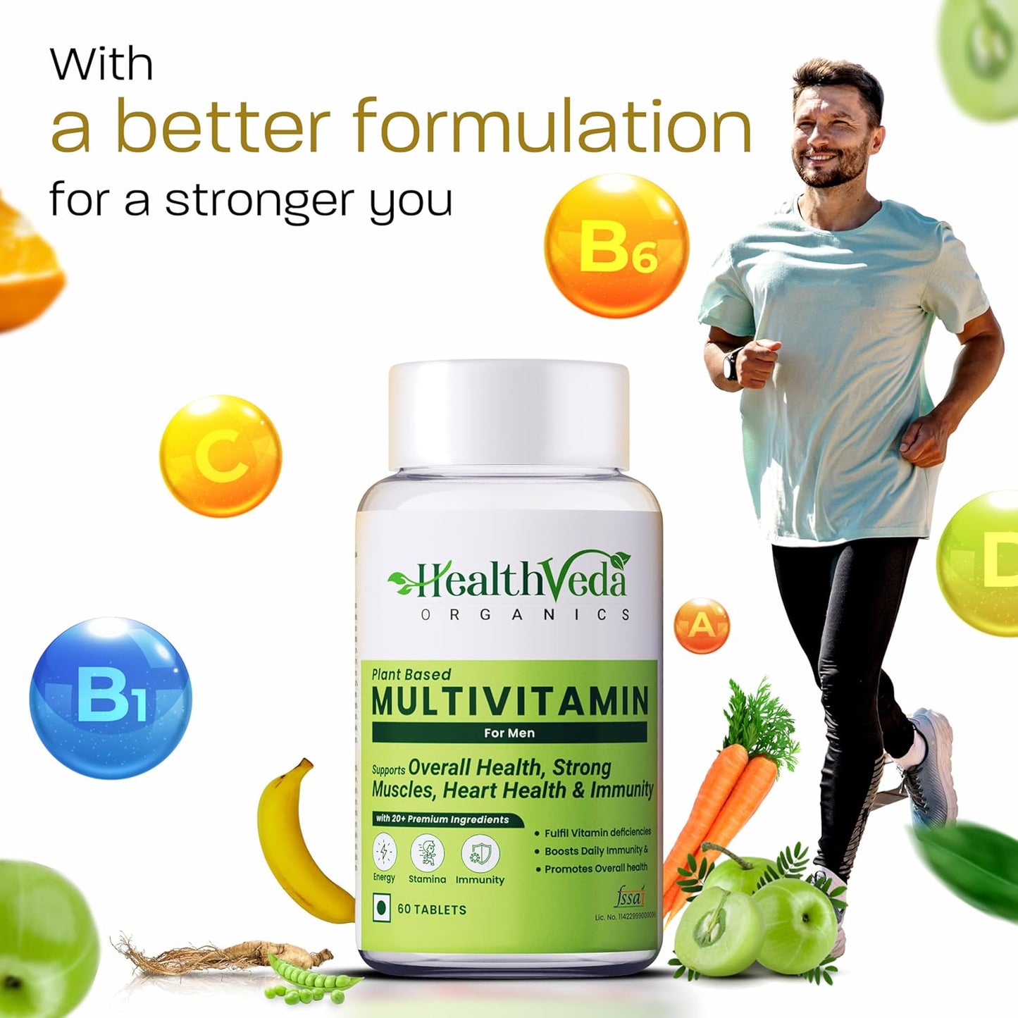 Zephivo Health Veda Organics Multivitamin for Men, 60 Multivitamin Tablets, with Zinc, Vitamin C, Vitamin D3, Multiminerals and Ginseng Extract, Enhances Energy, Stamina & Immunity
