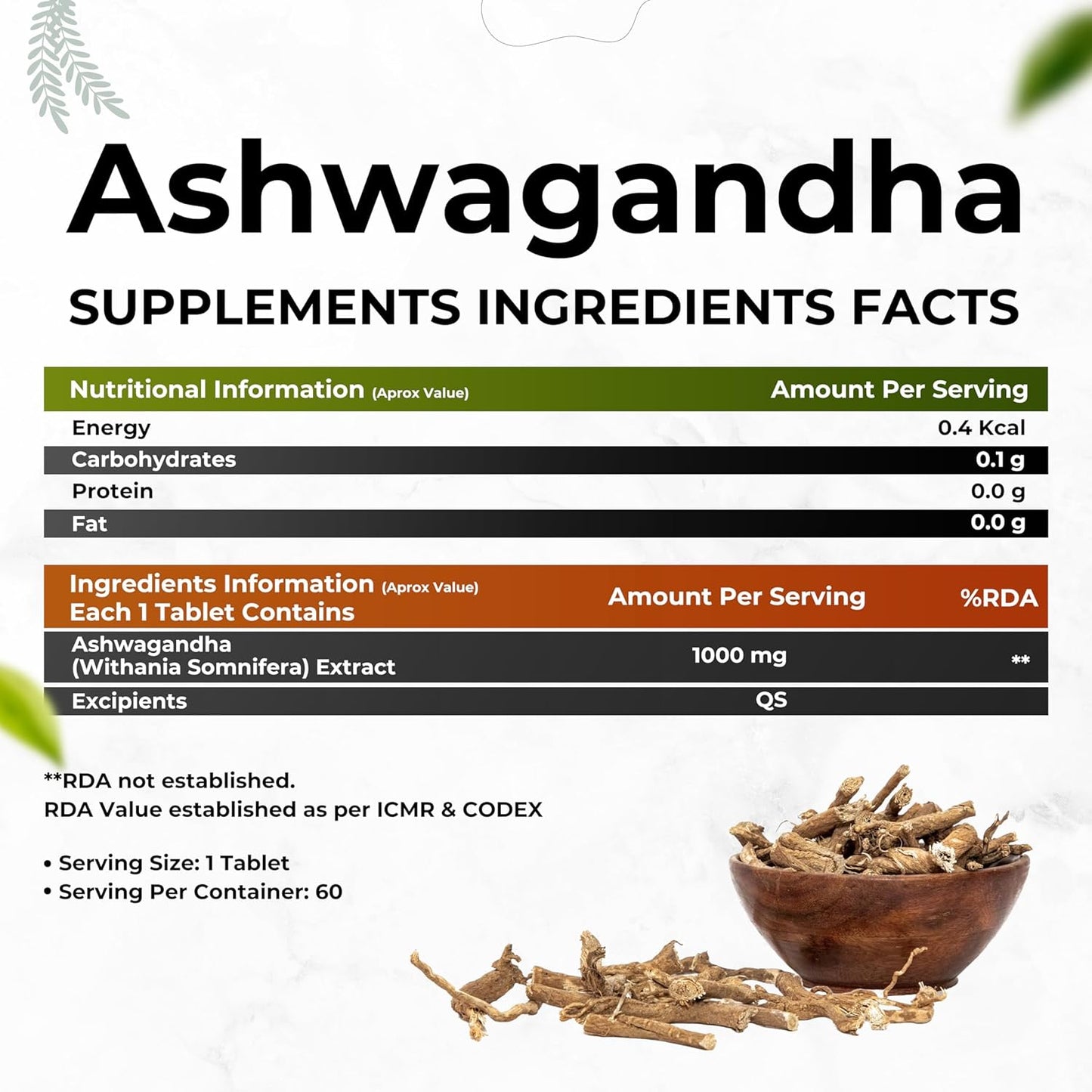 Zephivo HEALTH VEDA ORGANICS PRIVATE LIMITED Ashwagandha 1000Mg | High Strength Potent Formula | Boosts Immunity & Energy | Rejuvenates Mind & Body | 60 Veg Tablets | For Both Men & Women