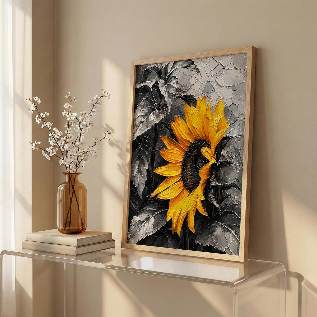 Sunflower Monochrome Framed Wall Art, Natural, 10x13 Inches