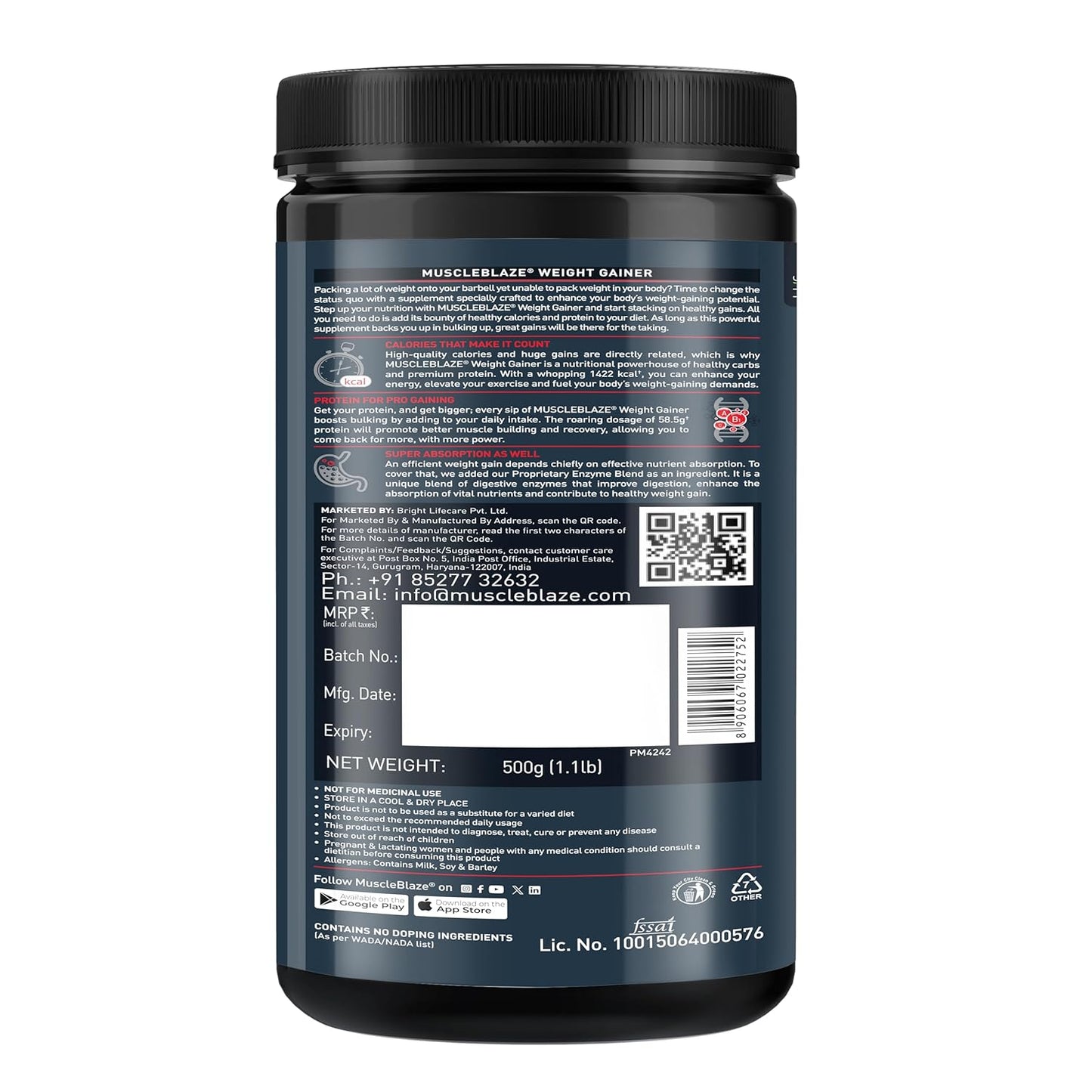 MuscleBlaze Weight Gainer with Added Digezyme (Chocolate, 500g / 1.1lbs, 5 Servings)