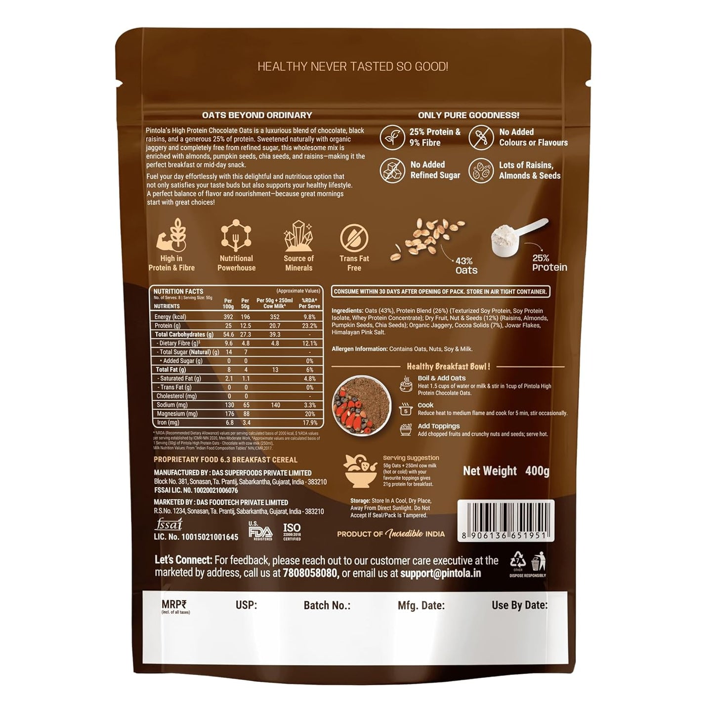 PINTOLA 25g High Protein Oats 400g, Dark Chocolate,No Refined Sugar, with Almonds Raisin, Pumpkin and Chia Seeds, 8g Fibre, Rolled Oats for weight loss, Breakfast Cereals | Gluten Free