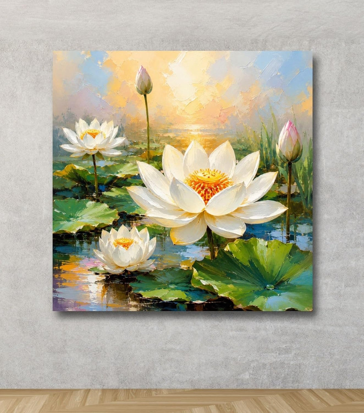 Lotus Flower Painting for Wall Vastu (15+ DESIGNS) Framed Lotus Canvas Painting for Living Room, Bedroom | Nature Floral Wall Art with Multiple Design Variations (White Lotus, 18x18 Inch, Framed)