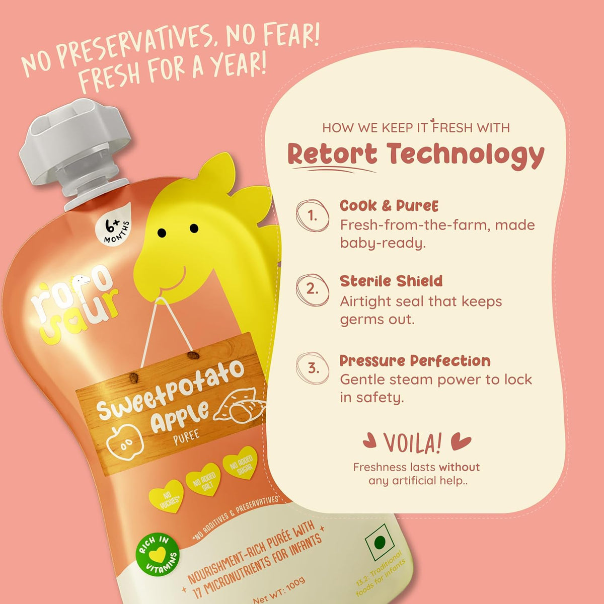 Rorosaur Ready to Eat Fruit & Veggie Baby Food Puree Pouch for 6+ Months 100g each, Pk of 2 | Made With Sweet potato & Apple Puree | 100% Natural Healthy Snack, No Preservatives, No Added Sugar
