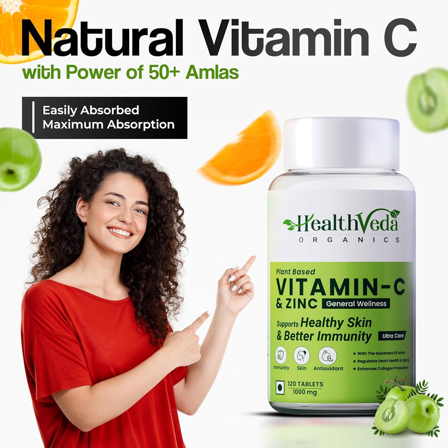 Zephivo HEALTH VEDA ORGANICS PRIVATE LIMITED Natural Vitamin C 1000 mg I 120 Veg Tablets I Boosts Immunity, Antioxidant & Skin Care | For both Men & Women