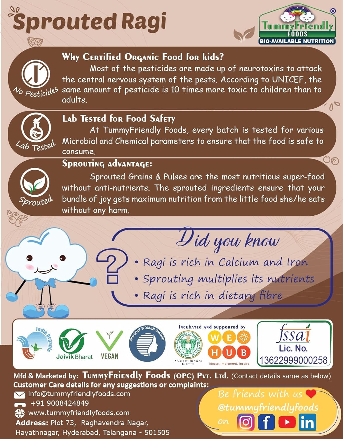 TummyFriendly Foods Certified Organic Sprouted Ragi Flour For Little Ones. Made of Organic Sprouted Ragi Powder , Baby Cereal for 6-12 months. Shelf Life 6 Month | 200g