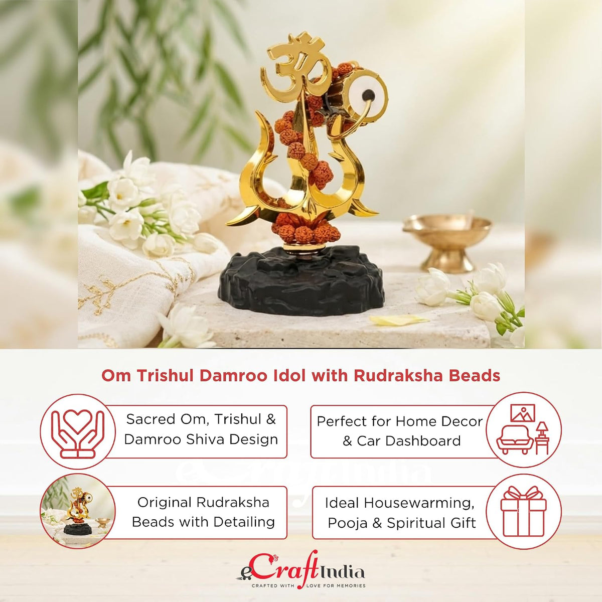 eCraftIndia Trishul Damroo Idol with Original Rudraksha Beads | Lord Shiva Symbol Murti for Car Dashboard, Home Decor & Office Table | Spiritual Gift for Pooja, Housewarming & Festive Use