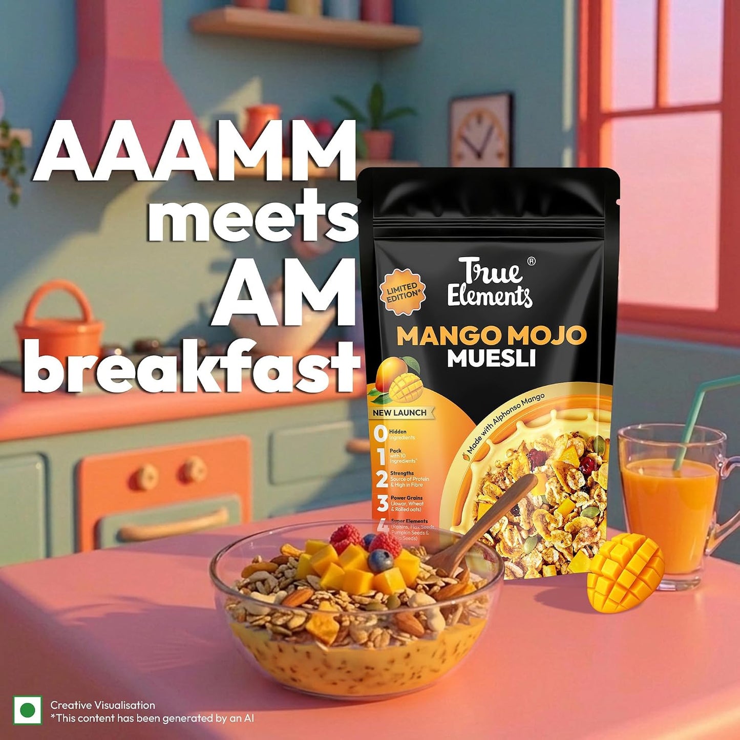 True Elements Mango Mojo Muesli 350 g with Alphonso Mango | Healthy Breakfast Cereal | High Fiber, Protein Rich | Rolled Oats, Seeds & Grains | No Added False Claims | Limited Edition