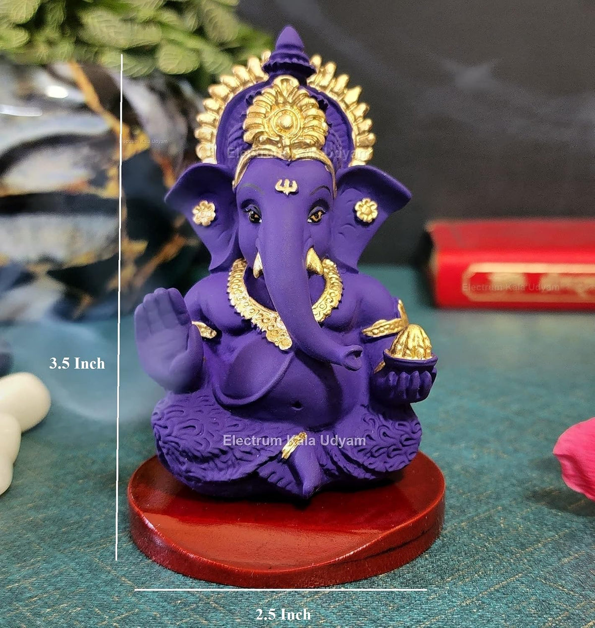 Handcrafted Poly Resin Ganesha Statue with Base - Perfect for Car Dashboard, Office Desk, Shelves, and Home Decor - Ideal Housewarming Gift! (MukutVioletMDF)