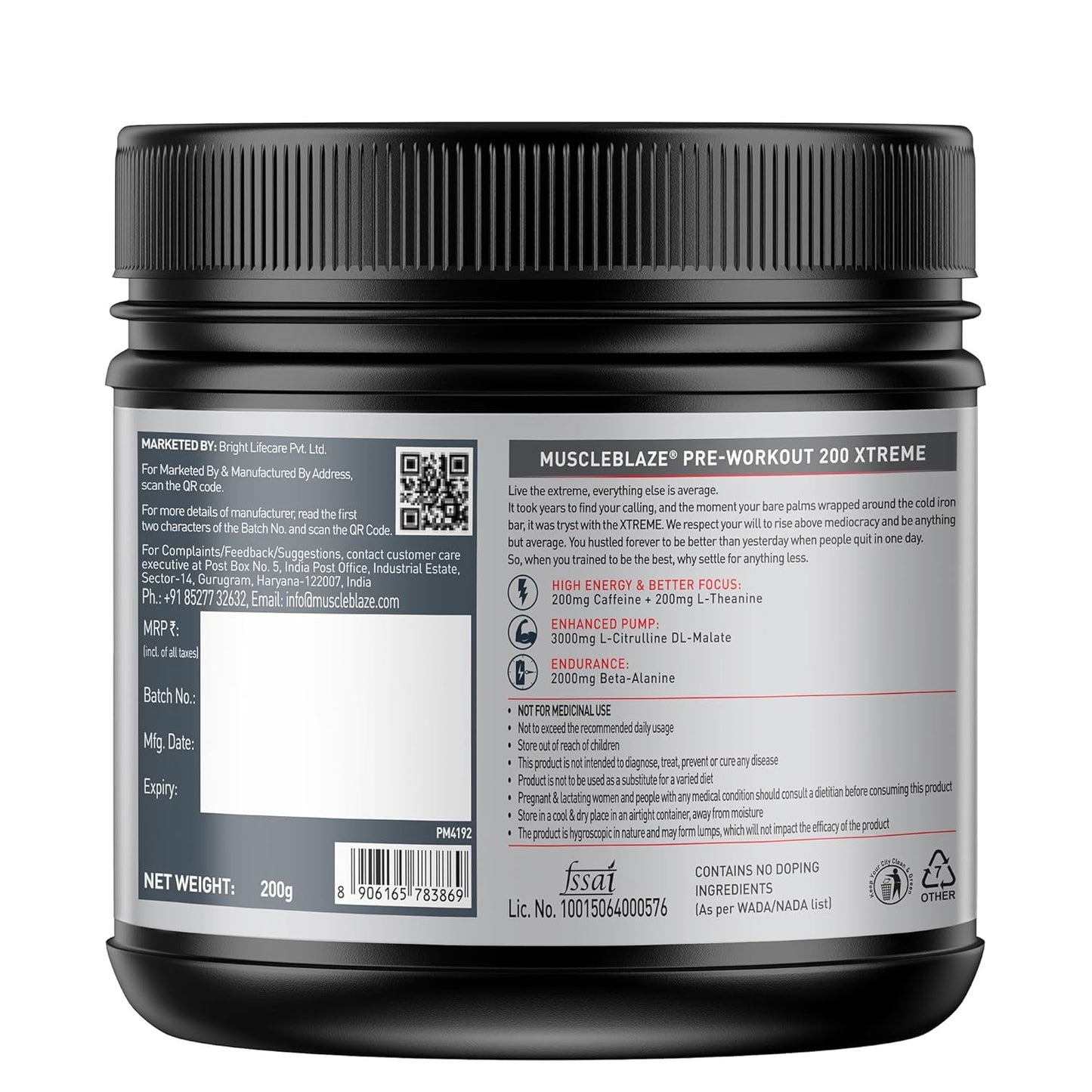 MuscleBlaze Pre Workout 200 Xtreme (Berry Bolt, 60 Servings, 200g) | 200mg Caffeine, 200mg Theanine, 2000mg Beta Alanine, 3000mg Citrulline
