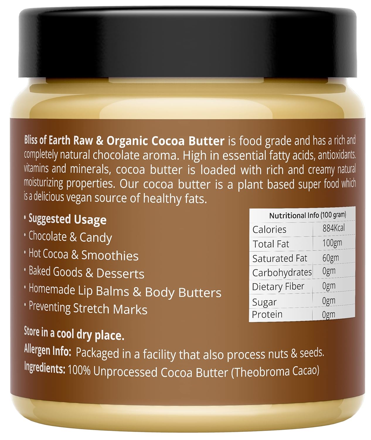 Bliss of Earth African Cocoa Butter, Rich in Fatty Acids and Antioxidants, Raw Cocoa Chocolate Butter, Vegan, PETA Approved, Moisturizes, Prevents Stretch Marks, Anti-Aging, 100 g,