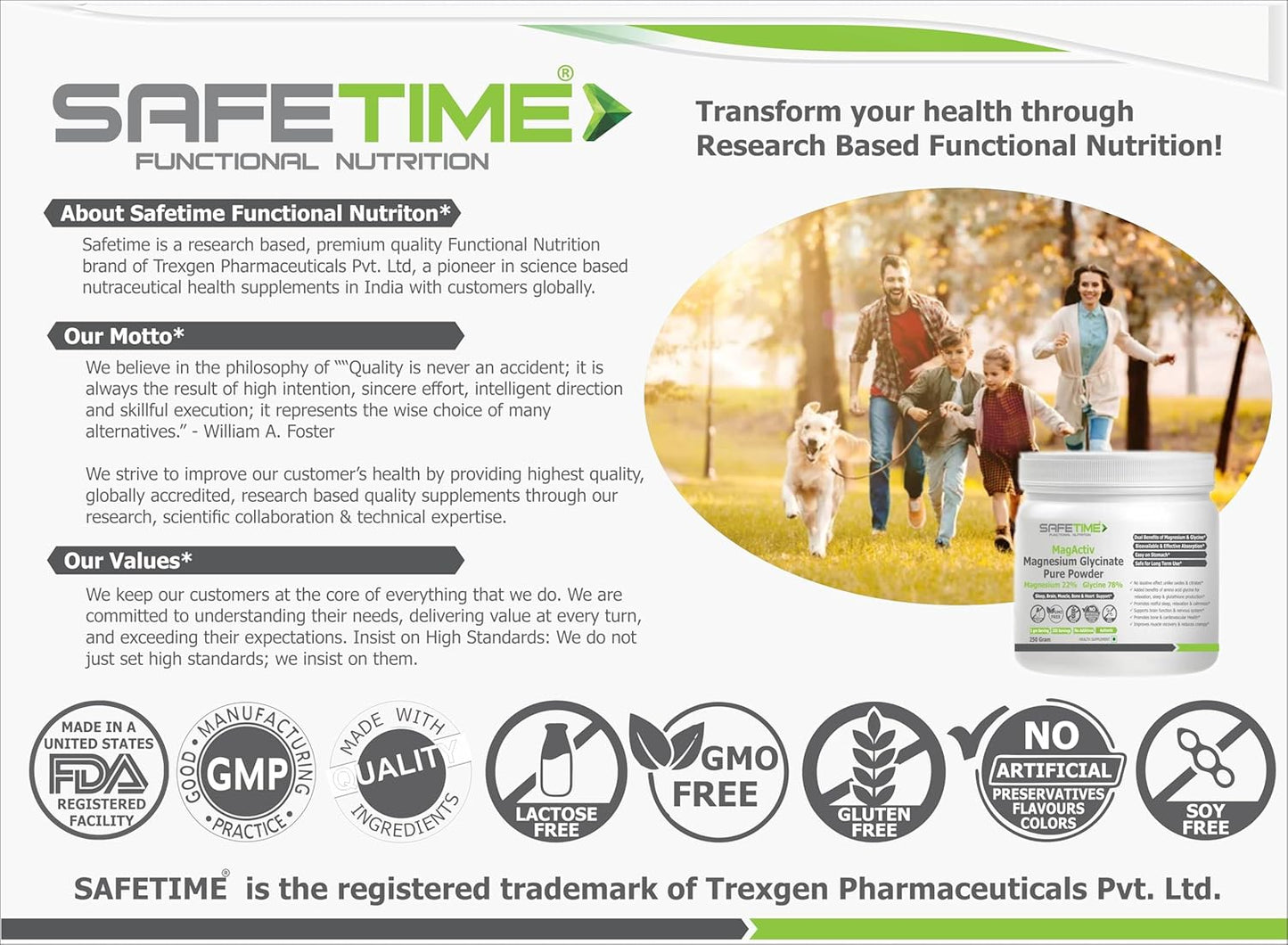 Advertisement for Safetime Functional Nutrition with family and dog in a park, product packaging, and certification logos.