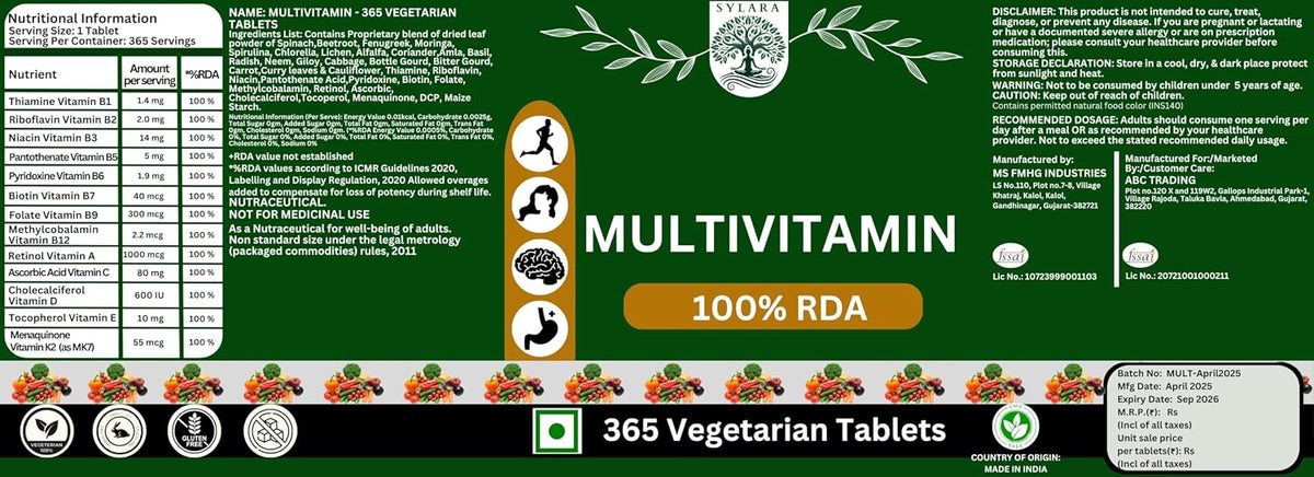 Sylara Plant Based Multivitamin -365 Capsules with Vit A, B1, B2, B3, B4, B5, B7, B6, B9 ,B12, C, D, E, K2 for Men & Women - Supports Immunity, Superfood Detox Boosts Energy - Greens, Herbs, Fruits & Vegetables Tablets Supplements
