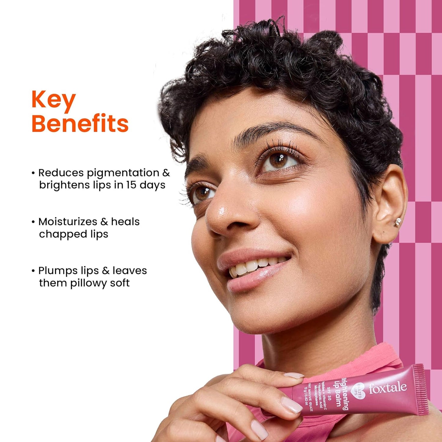 Foxtale SPF 30 Brightening Lip Balm for Dark Lips with Peptides & Vitamin C | Brightens | Hydrates | Tinted Lip Balm - Light Mauve Glaze 12gm