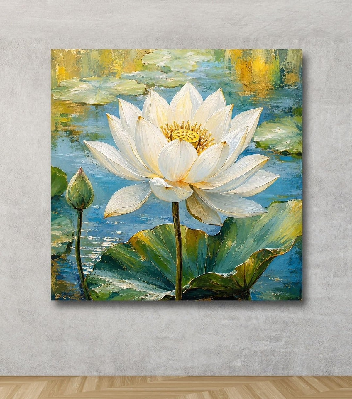 Lotus Flower Painting for Wall Vastu (15+ DESIGNS) Framed Lotus Canvas Painting for Living Room, Bedroom | Nature Floral Wall Art with Multiple Design Variations (White Big Lotus, 18x18 Inch, Framed)
