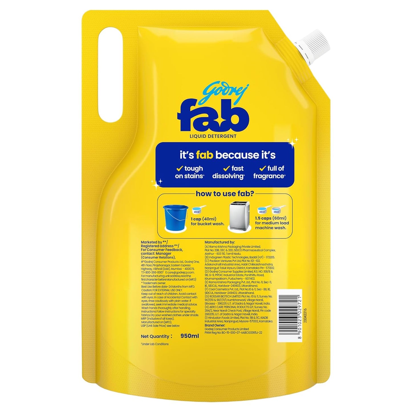 Godrej Fab Liquid Detergent Refill Pouch for Machine & Bucket Wash (800g)