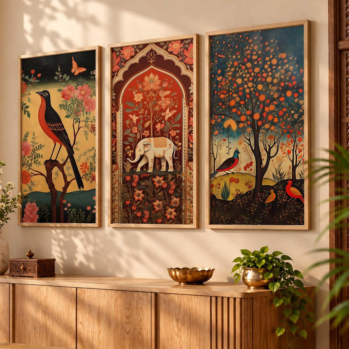 Art Wall Painting Indian Traditional Madhubani Home Decoration With Frame For Living Room Bed Room Hotel Wall Decor Digital Reprint Engineered Wood Set of 3 (Art 3, 10x19 inch)