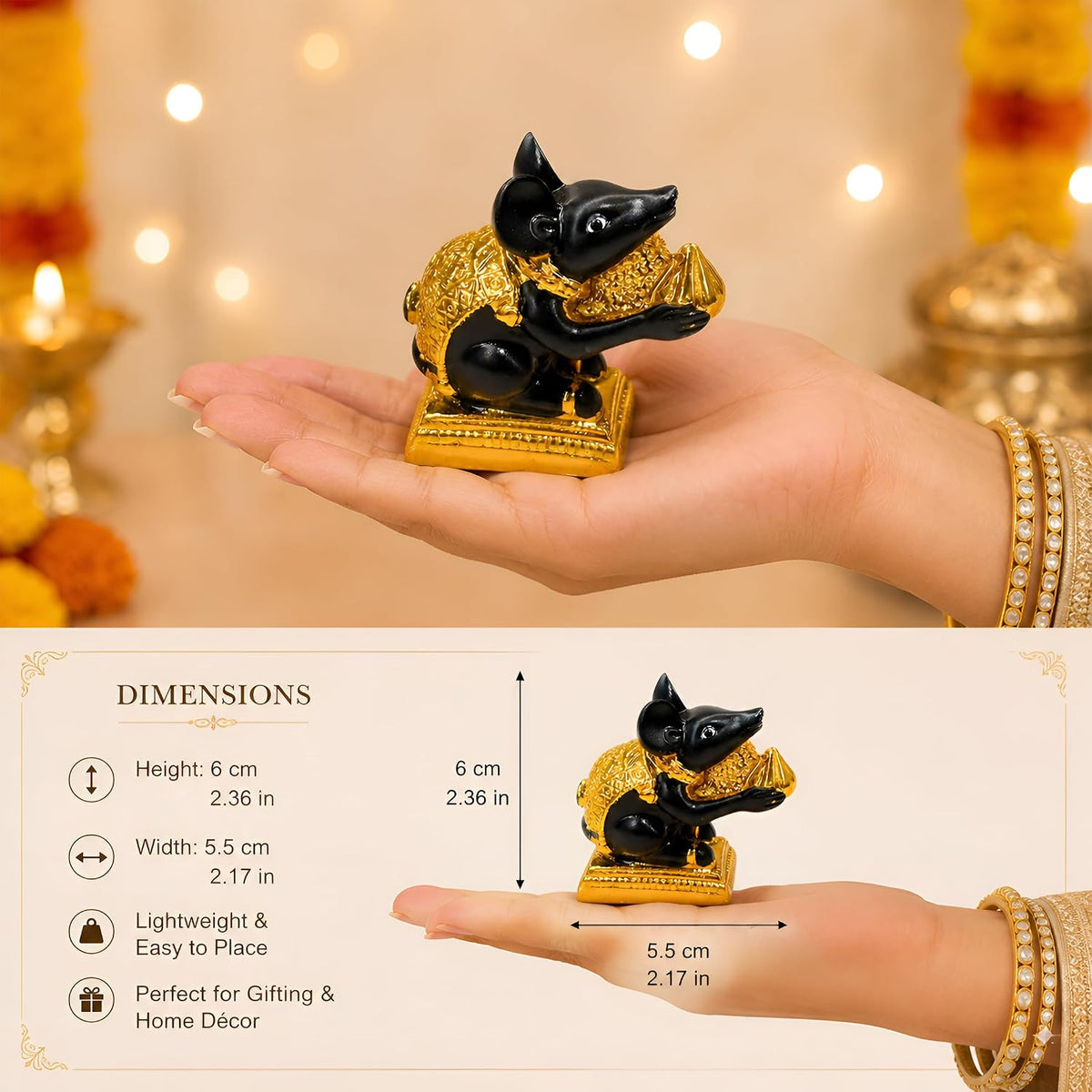 Mushak Raj Idol for Ganesh Chaturthi Pooja - (Resin, 6 cm) | Mouse Statue with Modak | Ganesh Ji Vahan Decorative Murti | Home Temple Decor | Vastu Showpiece | Gift for Festival & Office