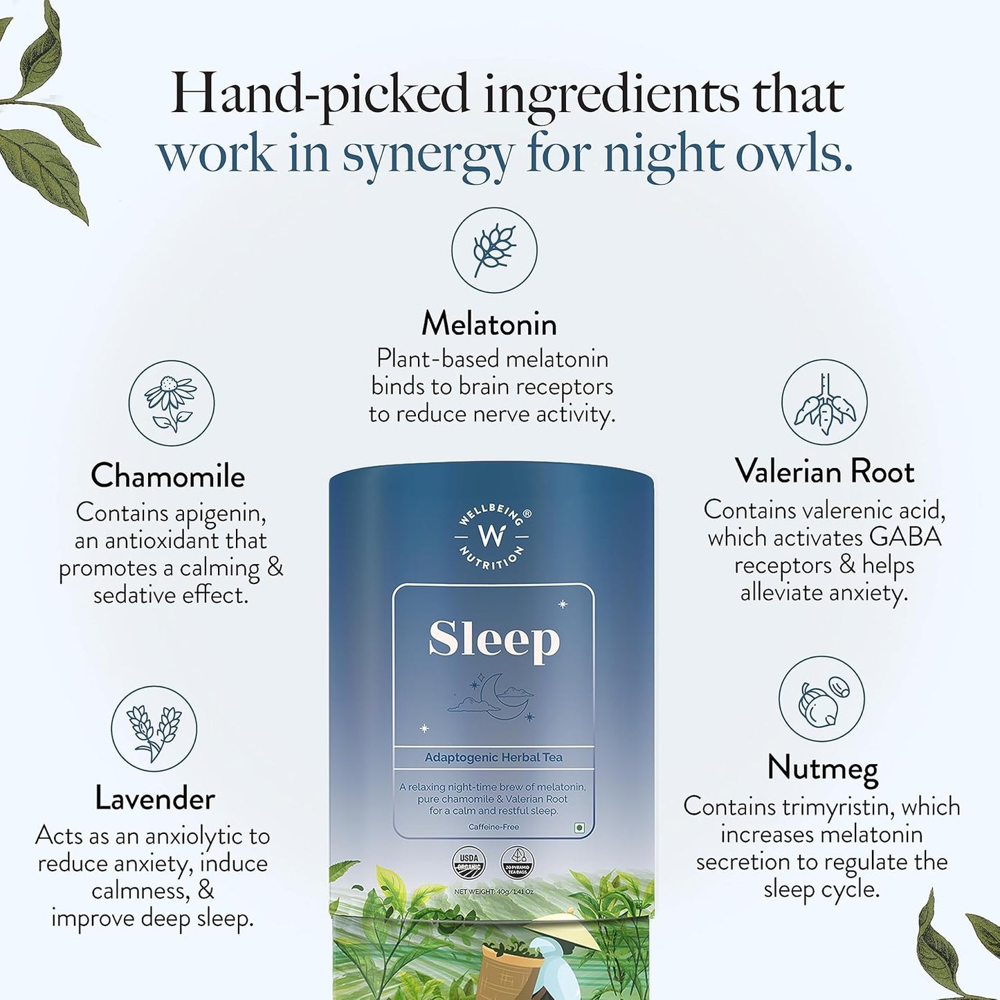 WELLBEING NUTRITION Sleep Tea|Caffeine Free Tea Bags For Insomnia & Stress Relief,Relaxation & Improved Sleep Quality|5Mg Melatonin,Chamomile,Valerian Root,Lavender (20 Pyramid Tea Bags) - Chamomile