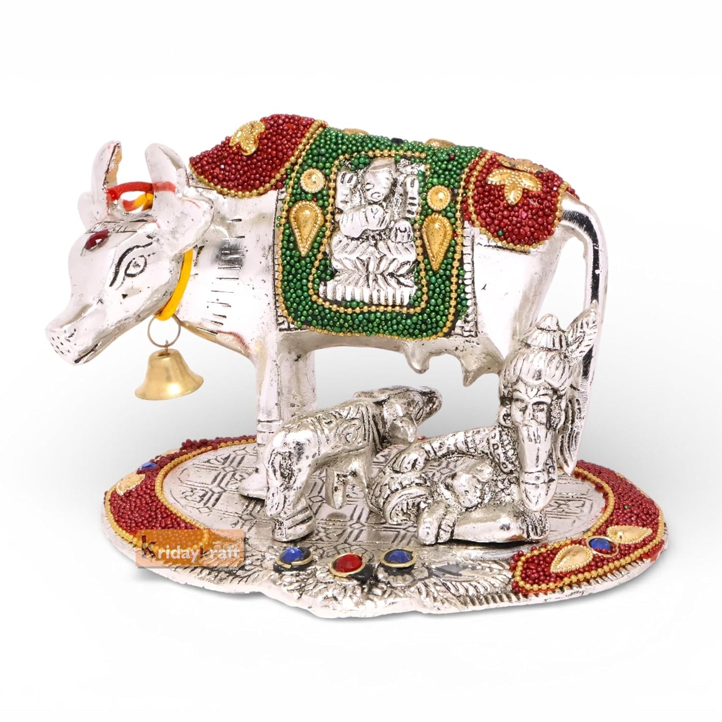 KridayKraft Kamdhenu Cow,Calf with Bal Gopal Krishna Metal Statue for Good Luck,Feng Shui As Table Top Figurine,Vastu,Religious Gau MATA Idol Home,Office&Table Decorative,Animal
