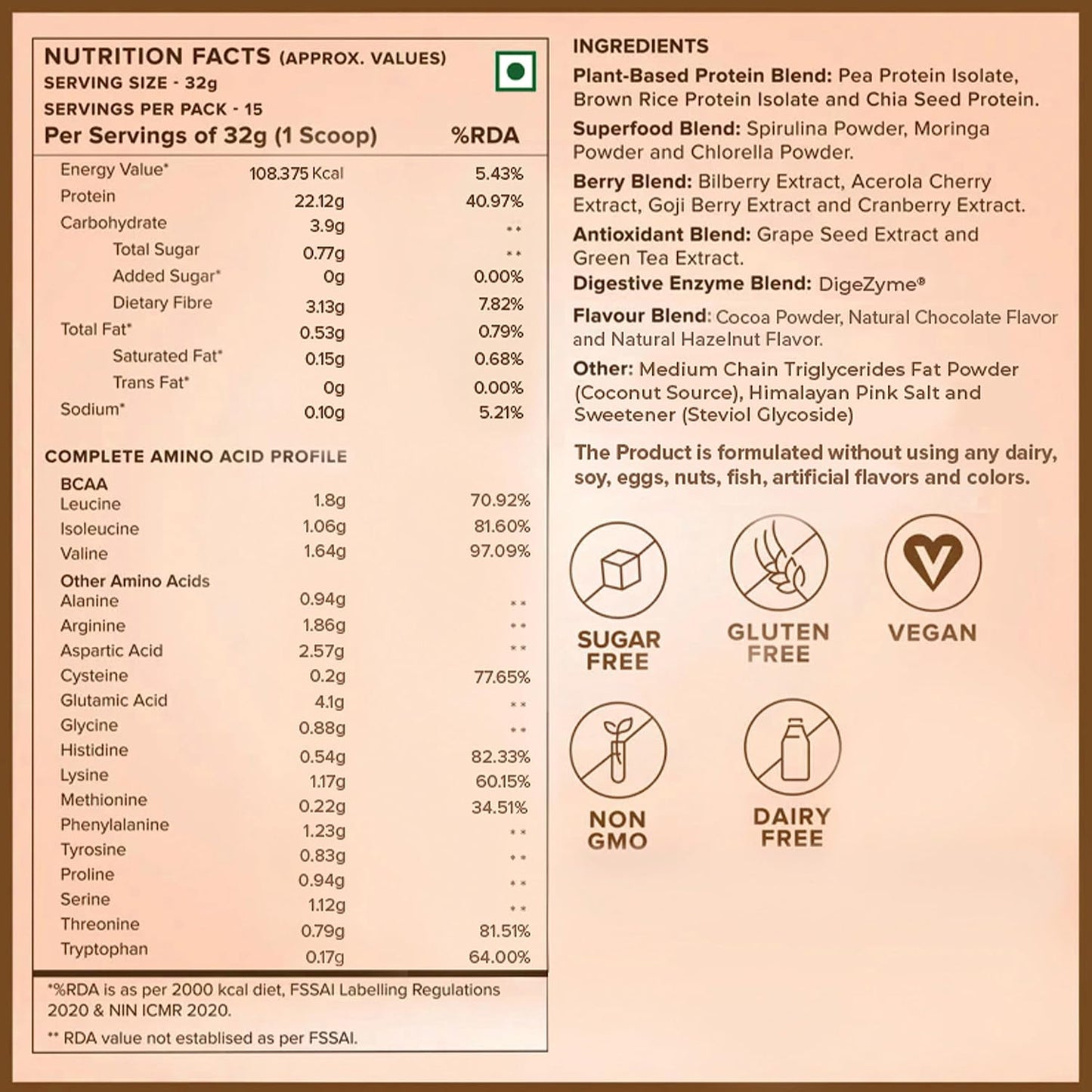 Zephivo Wellbeing Nutrition Organic Vegan Plant Protein Isolate Powder | 22g Protein, 5g BCAA European Pea & Brown Rice Protein | Superfoods, Fiber for Muscle Growth & Recovery | Dark Chocolate - 500gm