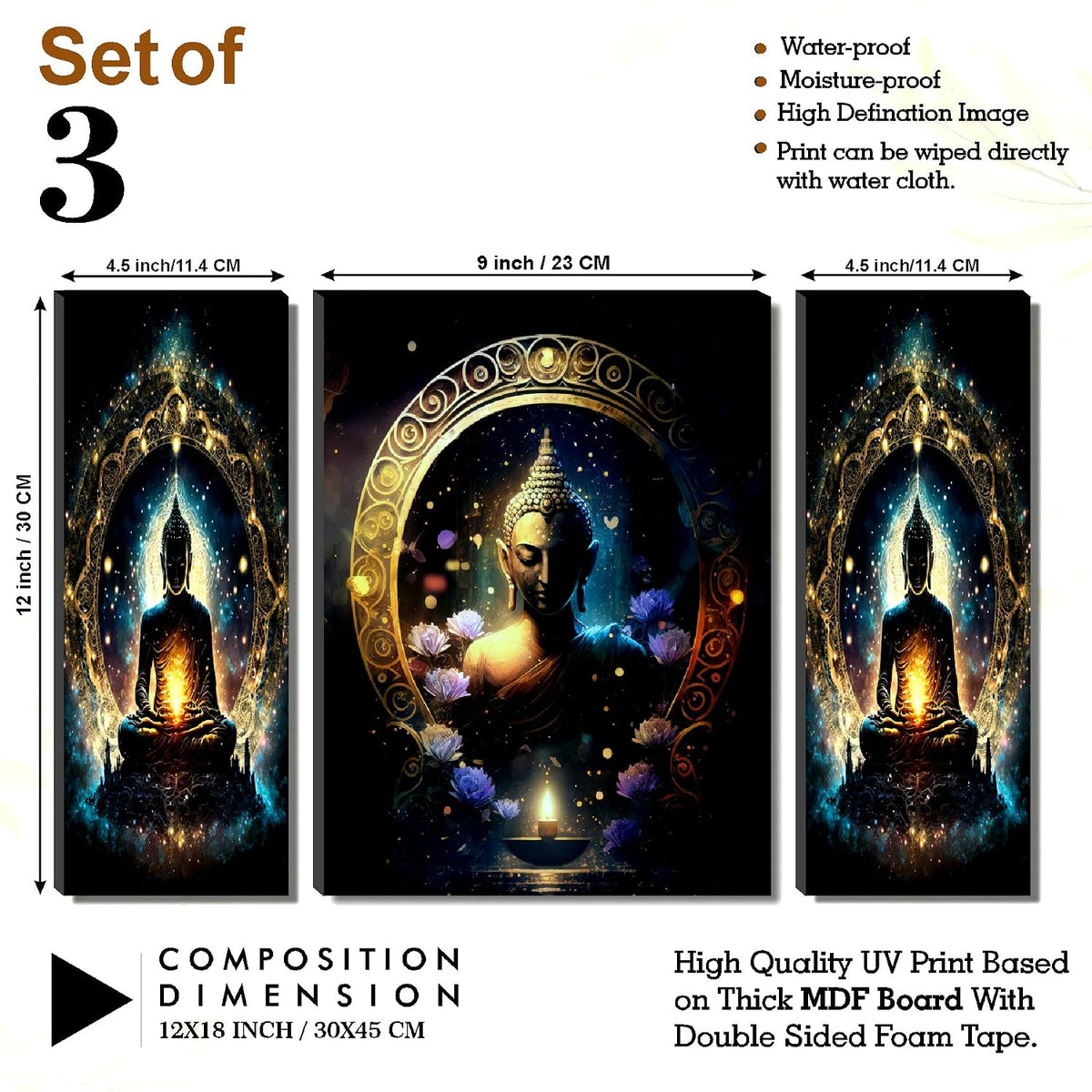 Cosmic Enlightenment Buddha Wall Art – Mystical Golden Halo & Lotus Candle Triptych | UV-Printed, Ready-to-Hang Spiritual Zen Décor (20 Inch x 12 Inch) JM-35299