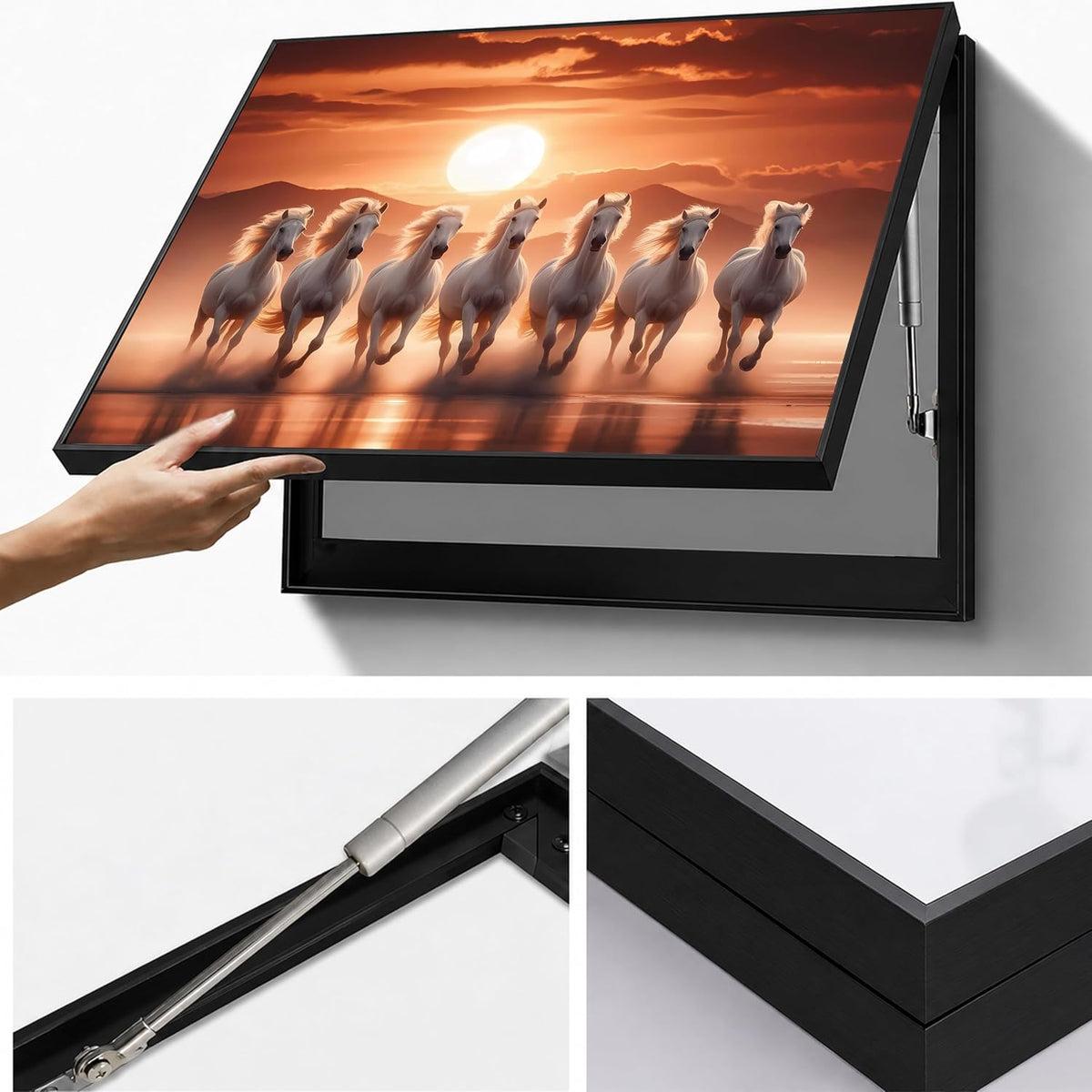 Electric MCB Box Cover Frame With Hydraulic Decorative Painting White 7 Running Horse Painting Electrical Panel box Cover, Switch Box Frame Will Fit Max 10x14 inch Switch Board, Outer Size 13X17 Inch
