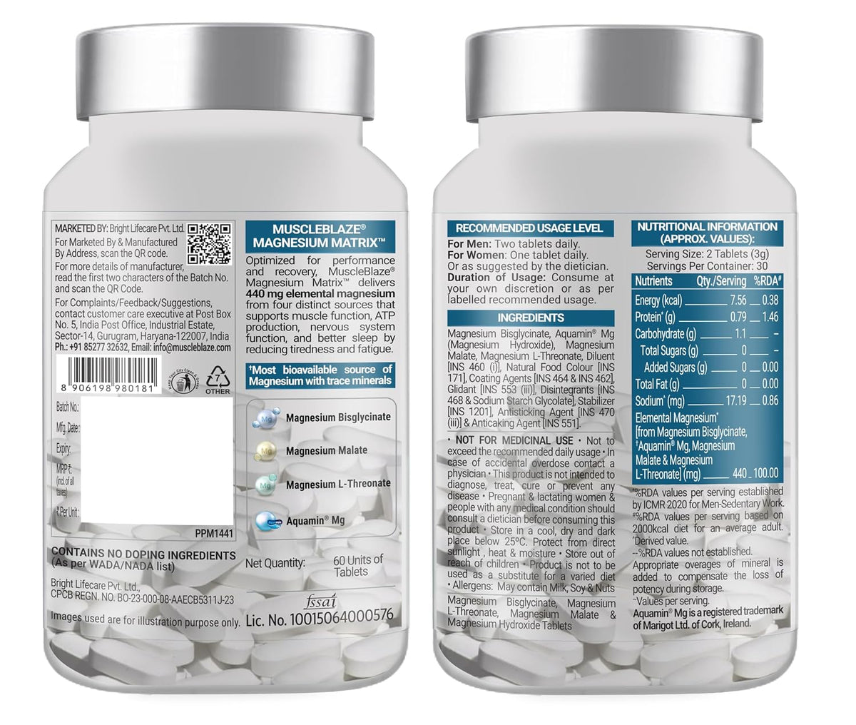 MuscleBlaze Magnesium Matrix, 60 Tablets 440mg Elemental Magnesium | Supports Performance, Recovery & Sleep