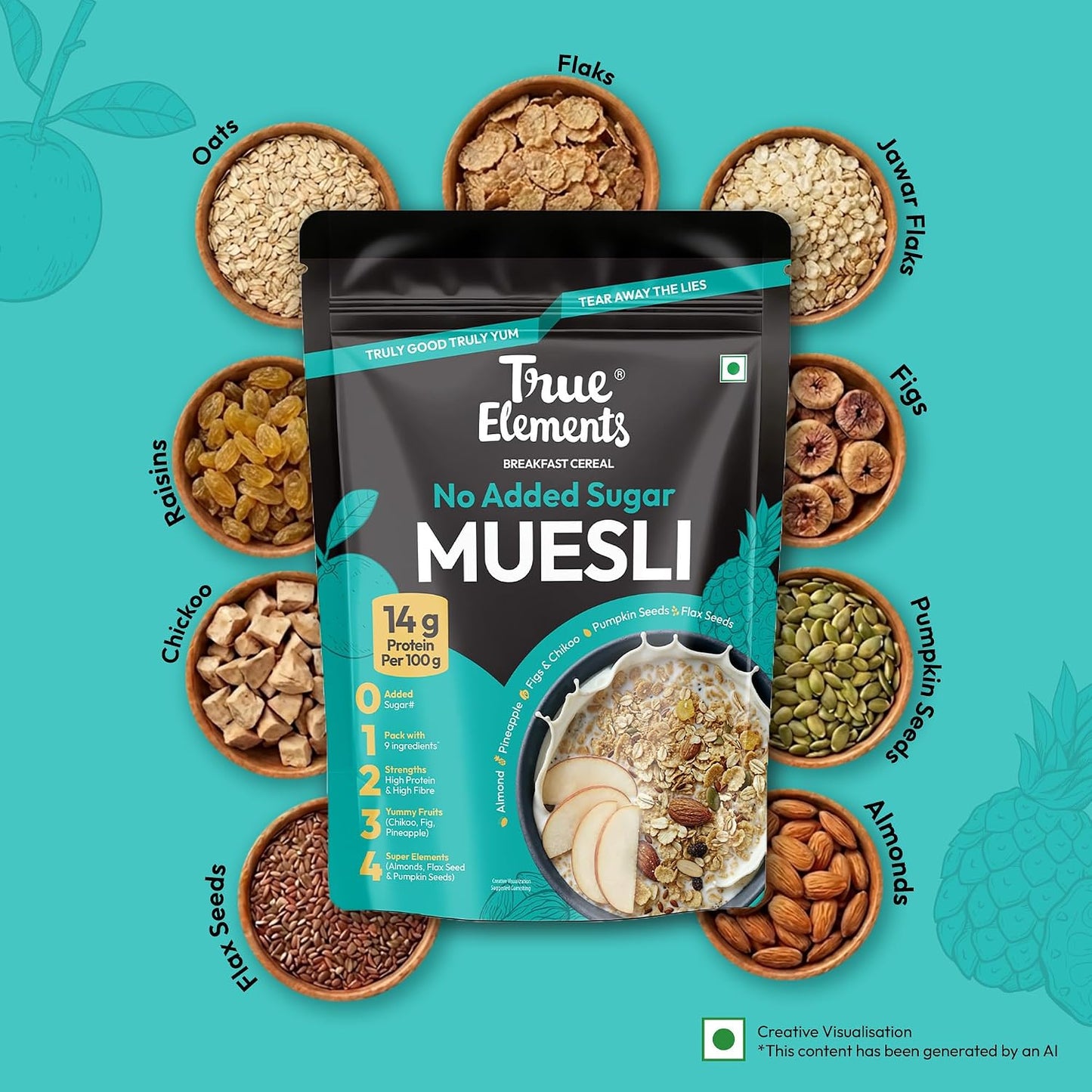 True Elements Muesli Sugar Free 1.2 kg - 100% Wholegrain Muesli | No Added Sugar | Diet Food for Weight Management | Healthy and Quick Breakfast | Millet Muesli - 18% Jowar | HIgh Protein