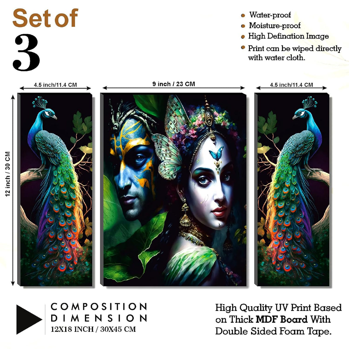 Radha Krishna & Vibrant Peacock Wall Art – 3-Panel UV-Printed Spiritual Forest Triptych | Ready-to-Hang Home & Pooja Décor (20 Inch x 12 Inch) JM-35289