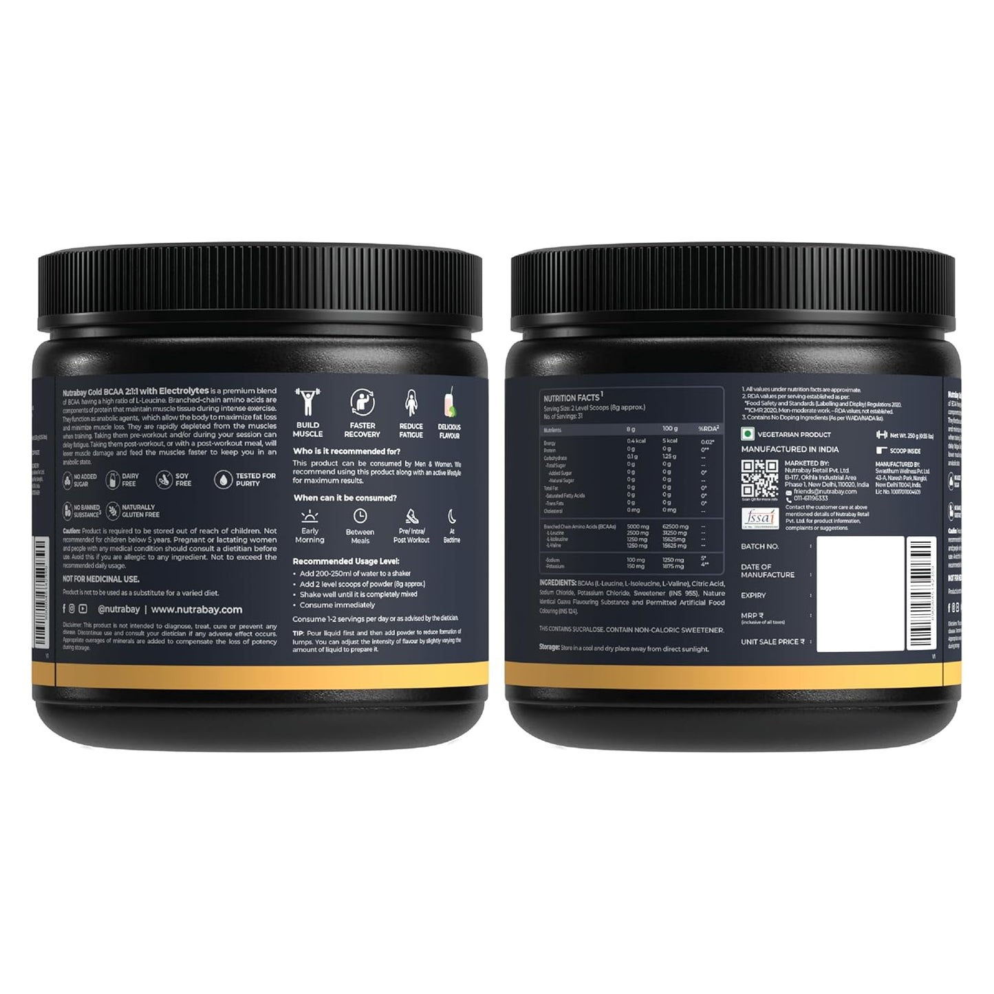 Nutrabay Gold BCAA 2:1:1 with Electrolytes 5000 mg Vegan BCAAs per Serving – Pre/Post Workout Drink for Muscle Build Up & Faster Recovery - Tested for Purity - No Banned Substances – 250g, Guava