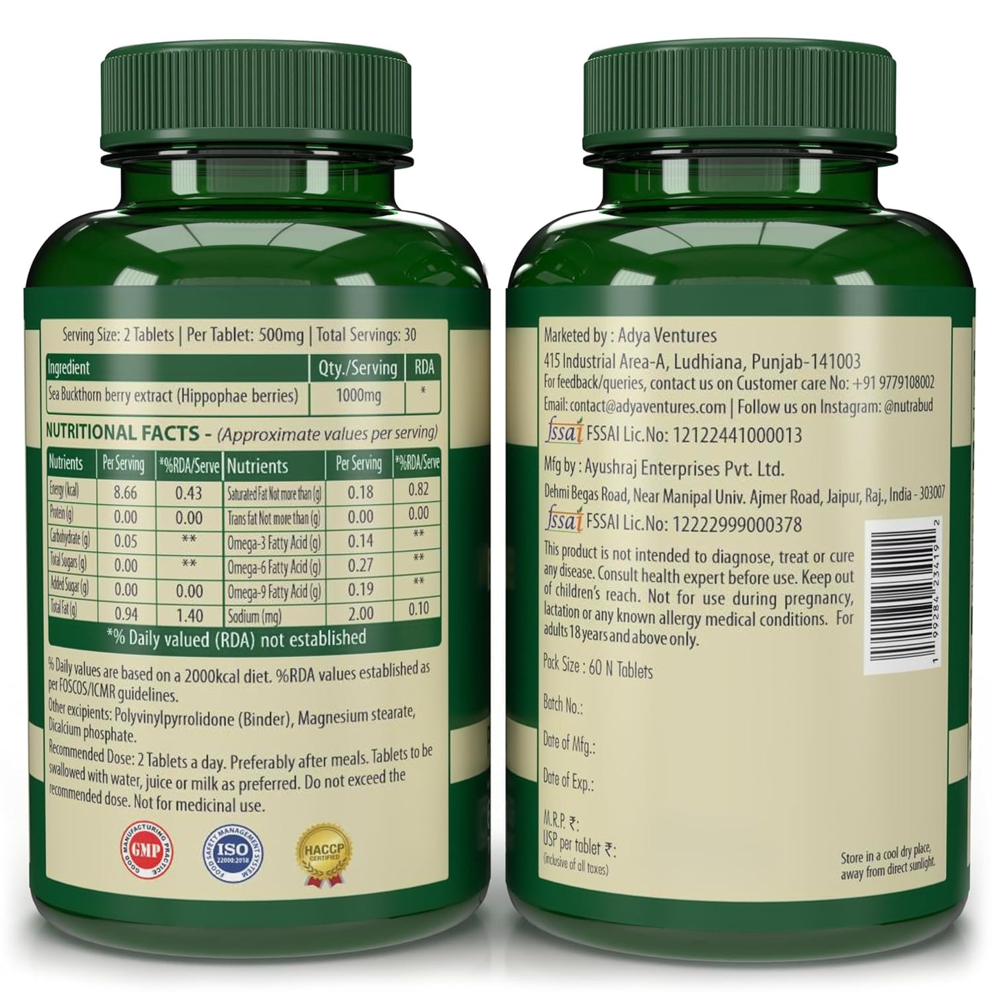 Nutrabud Organics Sea Buckthorn Berry Powder Capsules 1000mg - 60 Veg Tabs - Natural Source of Vitamin-A,C,E,K, Omega-3,6,7,9 & Antioxidants for Skin Glow & Collagen Boost (60 Count (Pack of 1))