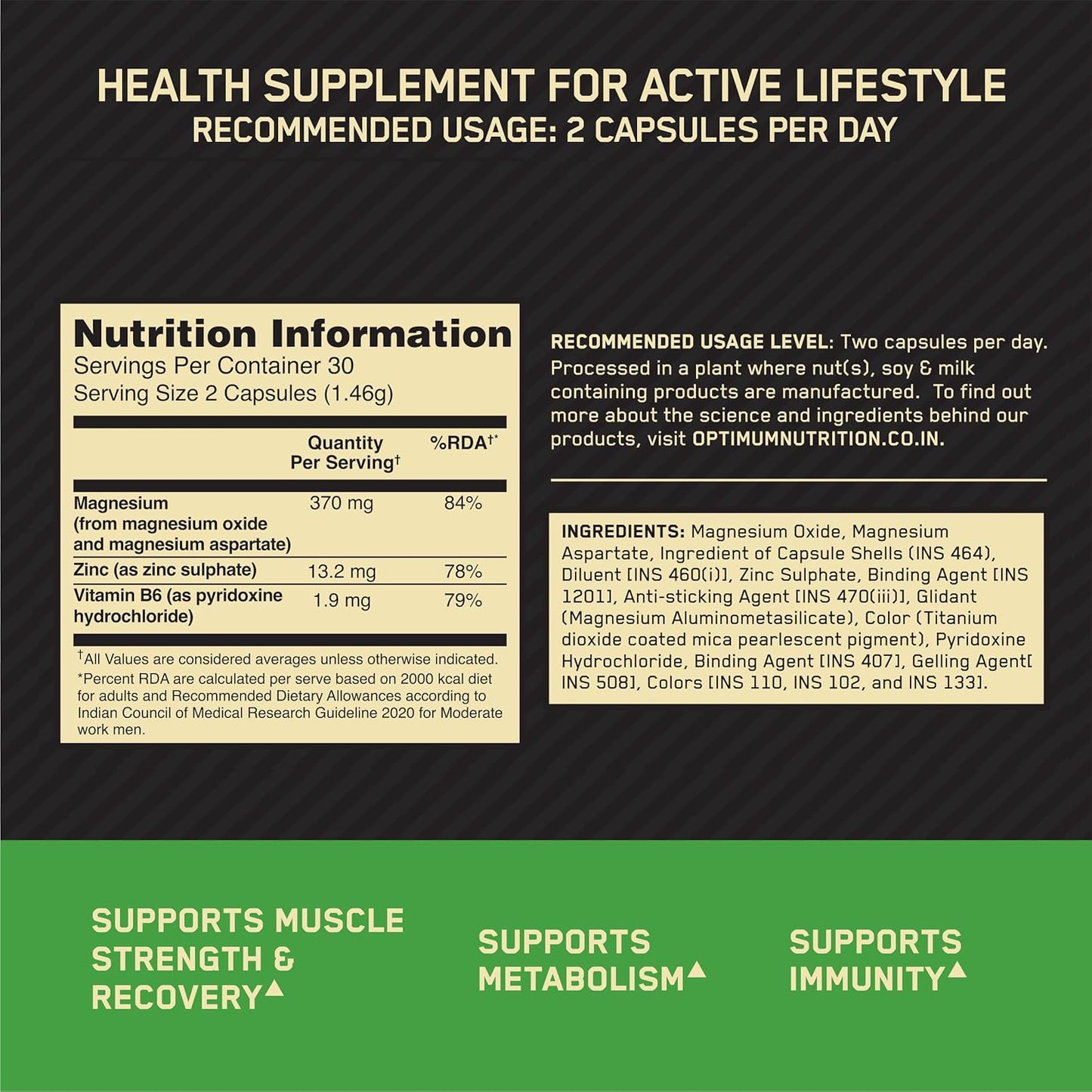 Optimum Nutrition (ON) Zinc Magnesium Aspartate (ZMA) - 60 Capsules, Muscle Strength, Metabolism, Immunity, Vegetarian