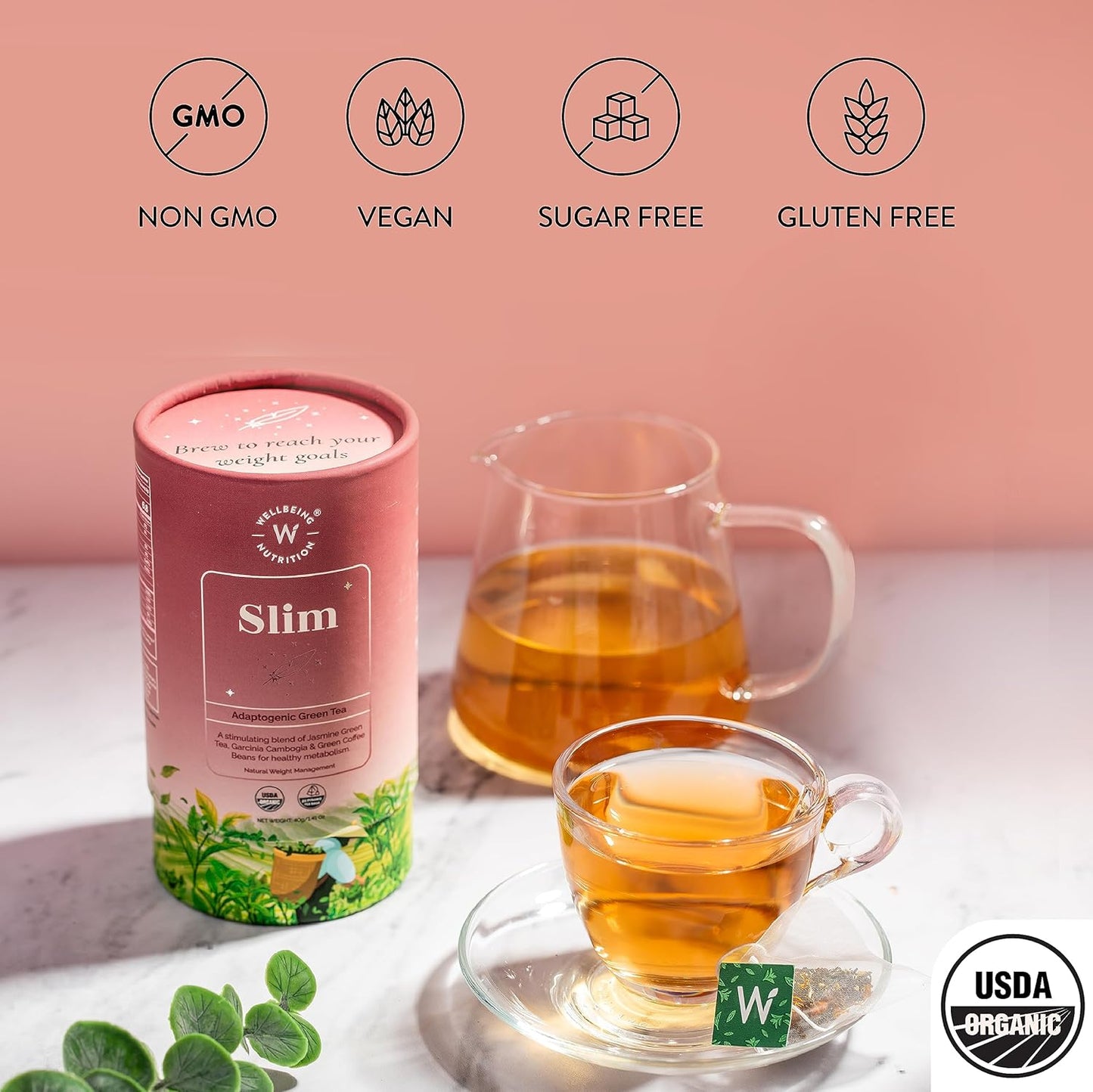 WELLBEING NUTRITION Slim Tea|Sliming Tea For Weight Management|Improves Metabolism, Satiety & Detox|Jasmine Green Tea, Garcinia Cambogia, Green Coffee Beans (40 Pyramid Tea Bags) - 40 Gram