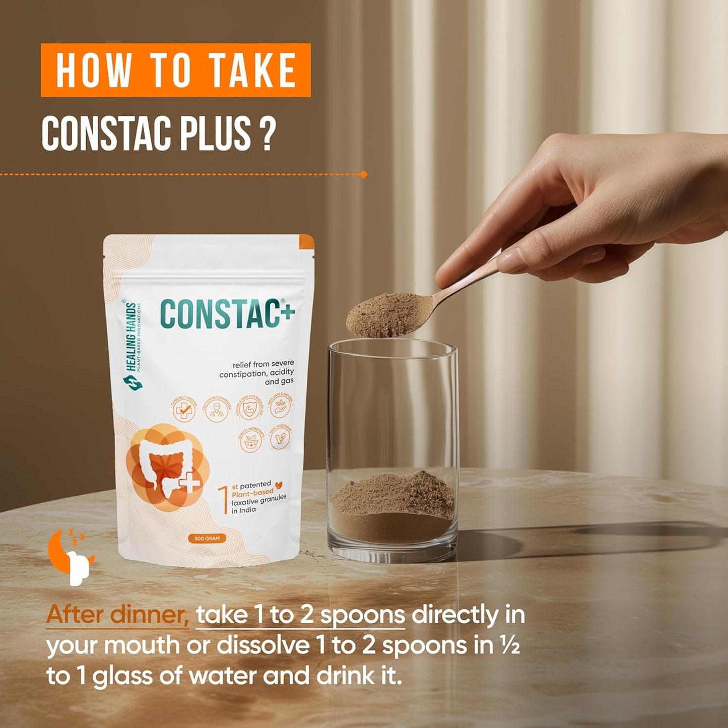 Healing Hands Constac Plus for Relief in Severe Constipation, Acidity and Gas, Plant Based Natural Constipation Solution, Clinically Proven, Herbal, Strong – 500 gm (Granules)