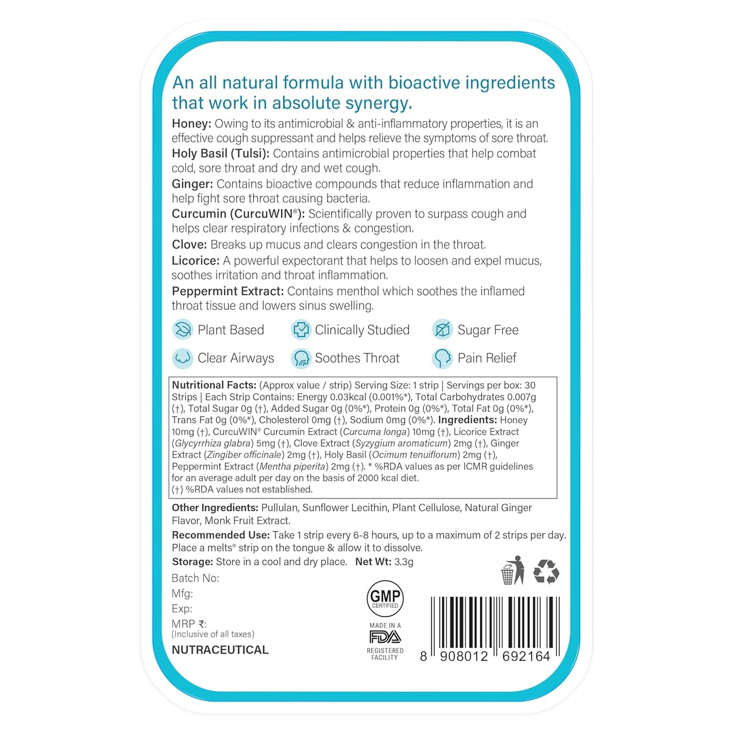 Wellbeing Nutrition Melts instant Throat Relief with 100% Natural Tulsi, Manuka Honey, Clove, Licorice, Curcumin, Ginger, Mint for Cough, Sore Throat, Irritation and Pain Relief (30 Oral Strips)