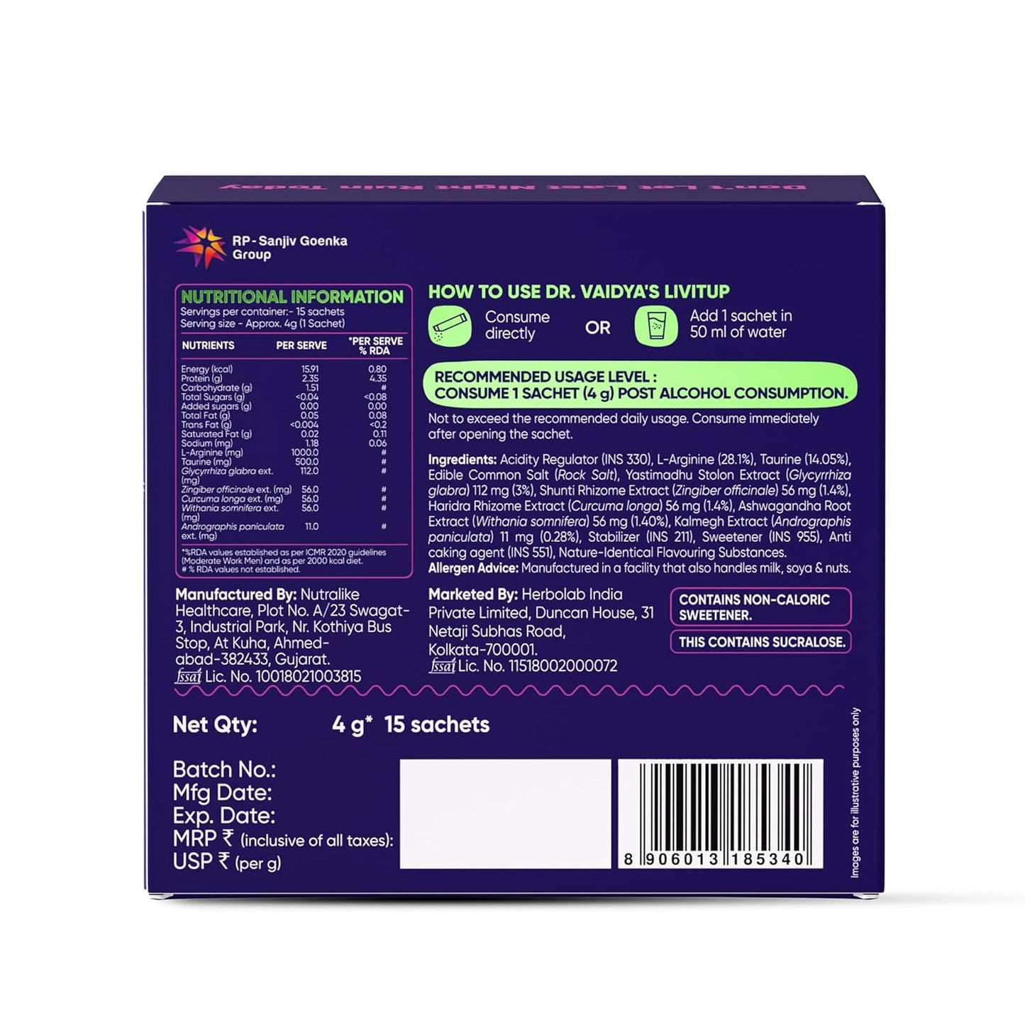 Dr. Vaidya's Livitup Post Party Fix | Hangover Relief & Liver Support | Helps Prevent Headache, Nausea & Acidity | With Sunthi, Ashwagandha & Taurine |15 Sachets (Pack of 1)