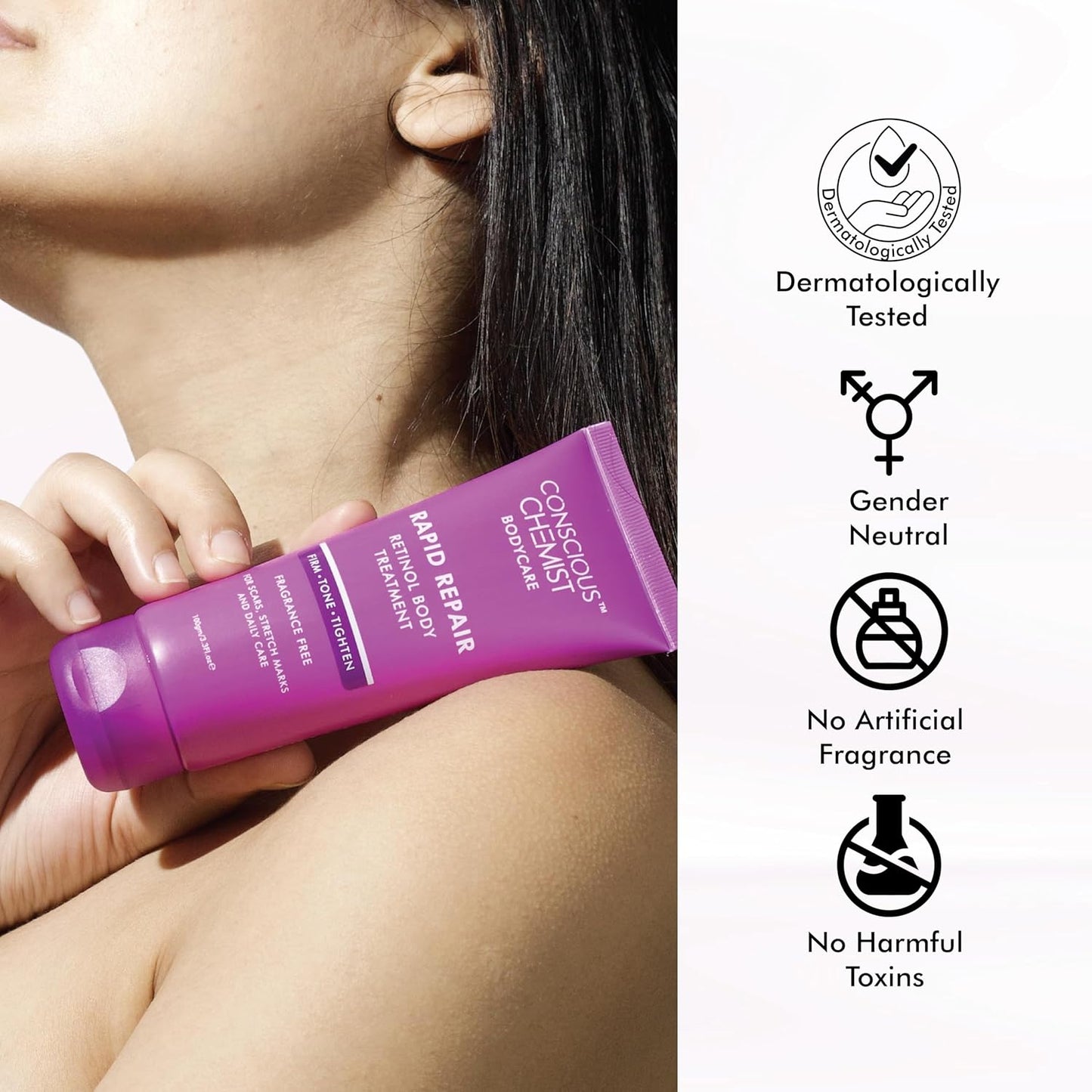 Conscious Chemist® Retinol Body Cream | Reduces Stretch Marks, Uneven Skin Tone & Scars | For Post Pregnancy Irregular Lines/Streaks | All Skin Types, Fragrance Free & Cruelty Free | 100 g