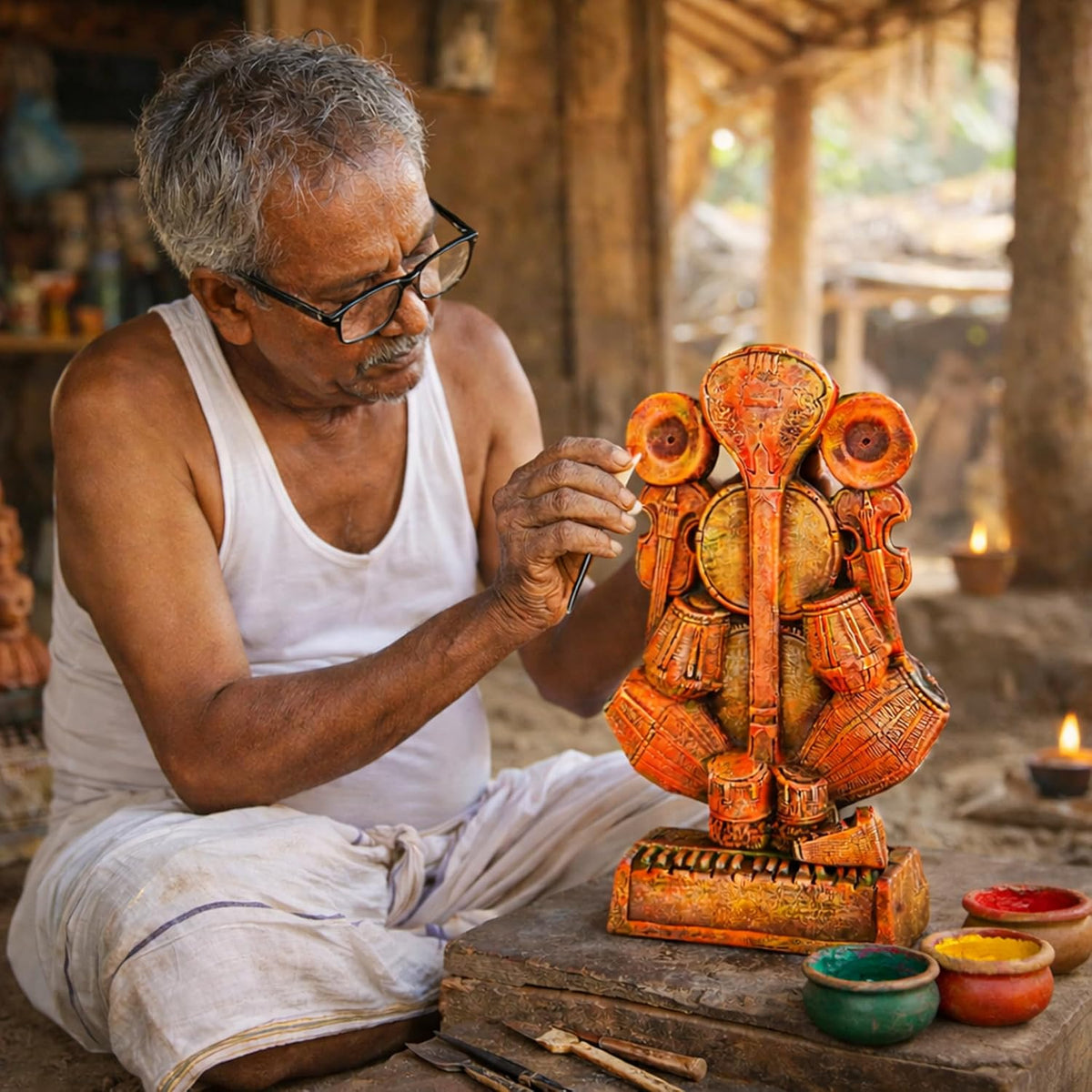 Ganesha Idol for Home Decor | Handmade Terracotta Ganpati Statue with Musical Instruments | Ganesh Murti for Office, Living Room & Gift | Krishnanagar Clay Art