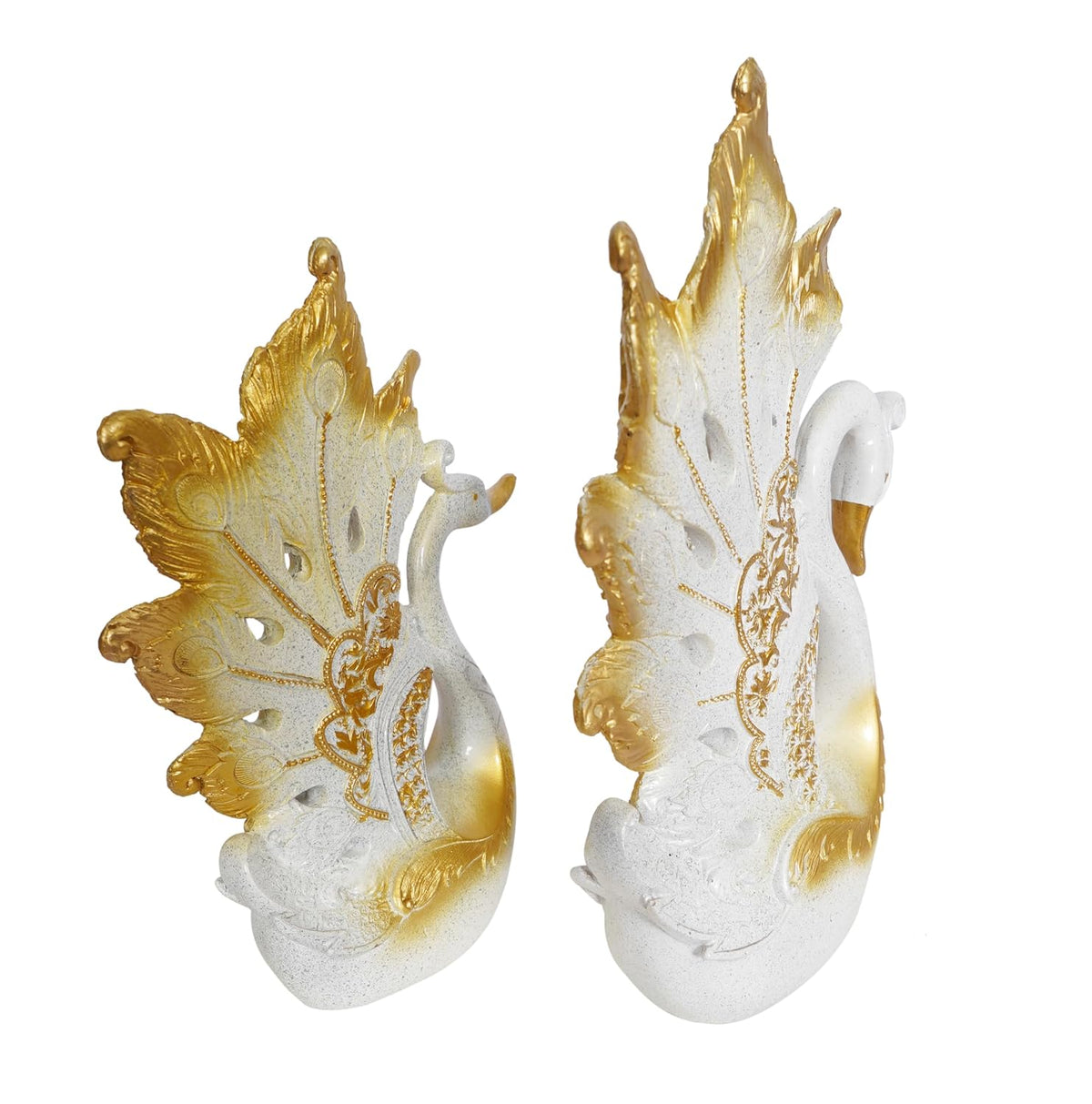 Decorative Peacock Figurine Set, White and Gold, Resin,Home & Office Decor Showpiece (2 Piece)