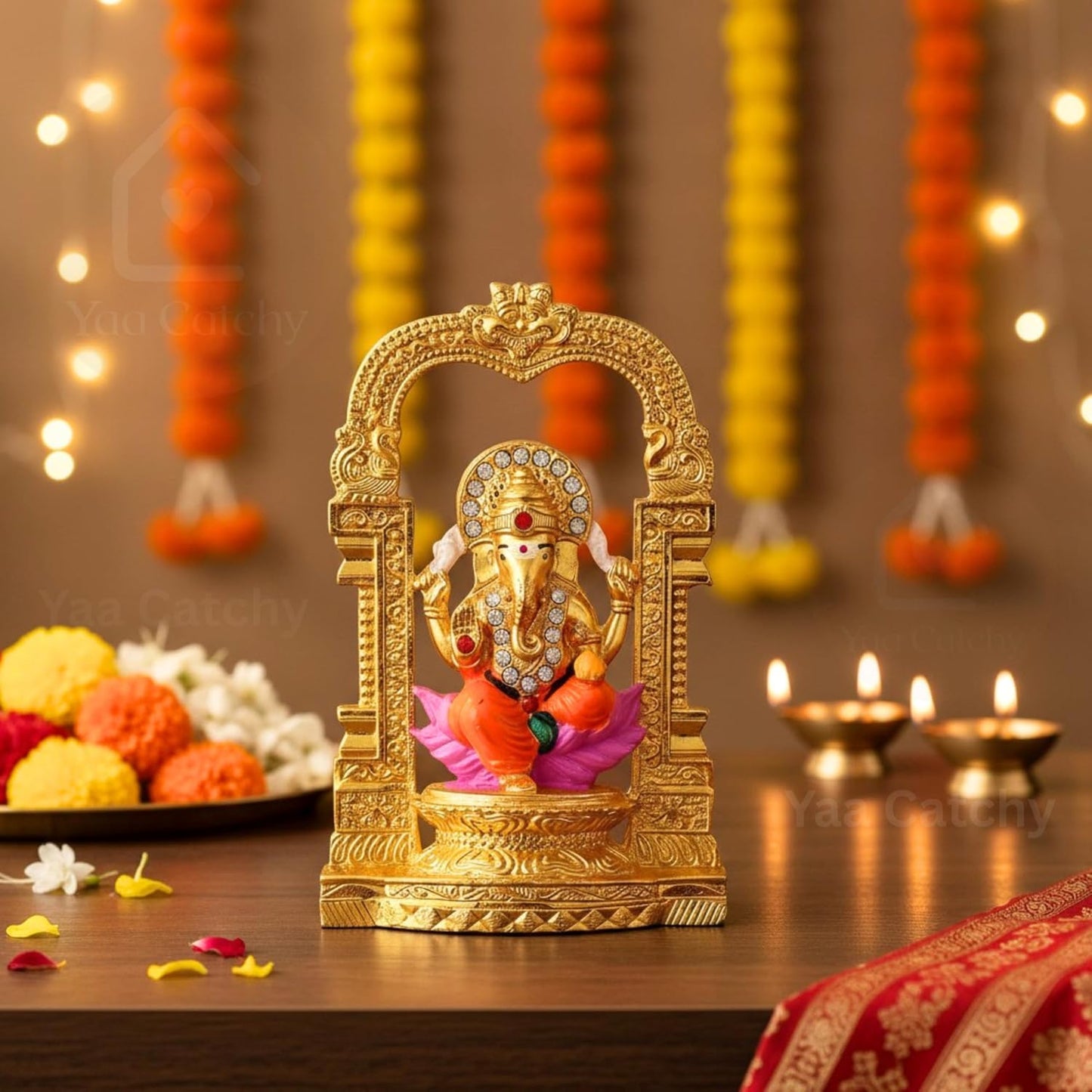 Yaa Catchy Shree Ganesh Car Dashboard Idol | Premium Golden Temple Arch Lord Ganesha Statue for Car, Home & Office Protection and Bless Travelers on Their Journeys.(Golden Arch Lord Ganesha)