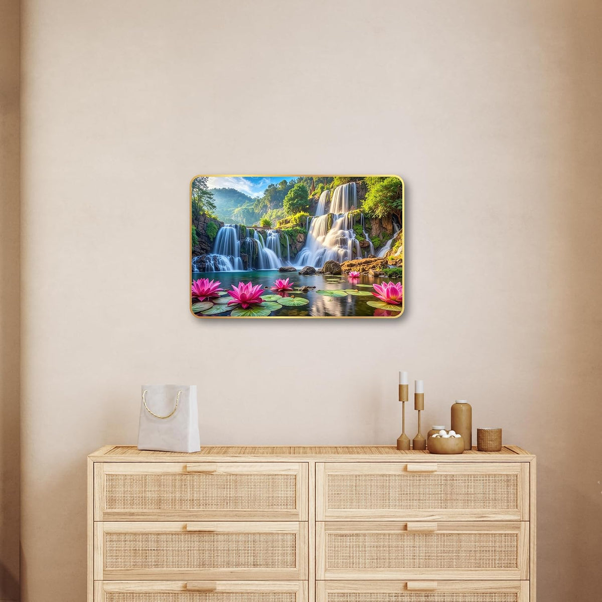 Lotus Waterfall Wall Painting for Living Room | Vastu Positive Energy Wall Decor | Premium UV Printed Nature Scenery Artwork for Home, Bedroom, Office Decoration | Waterproof & Fade Resistant Ready to Hang (Style-04, 12x18 inch)
