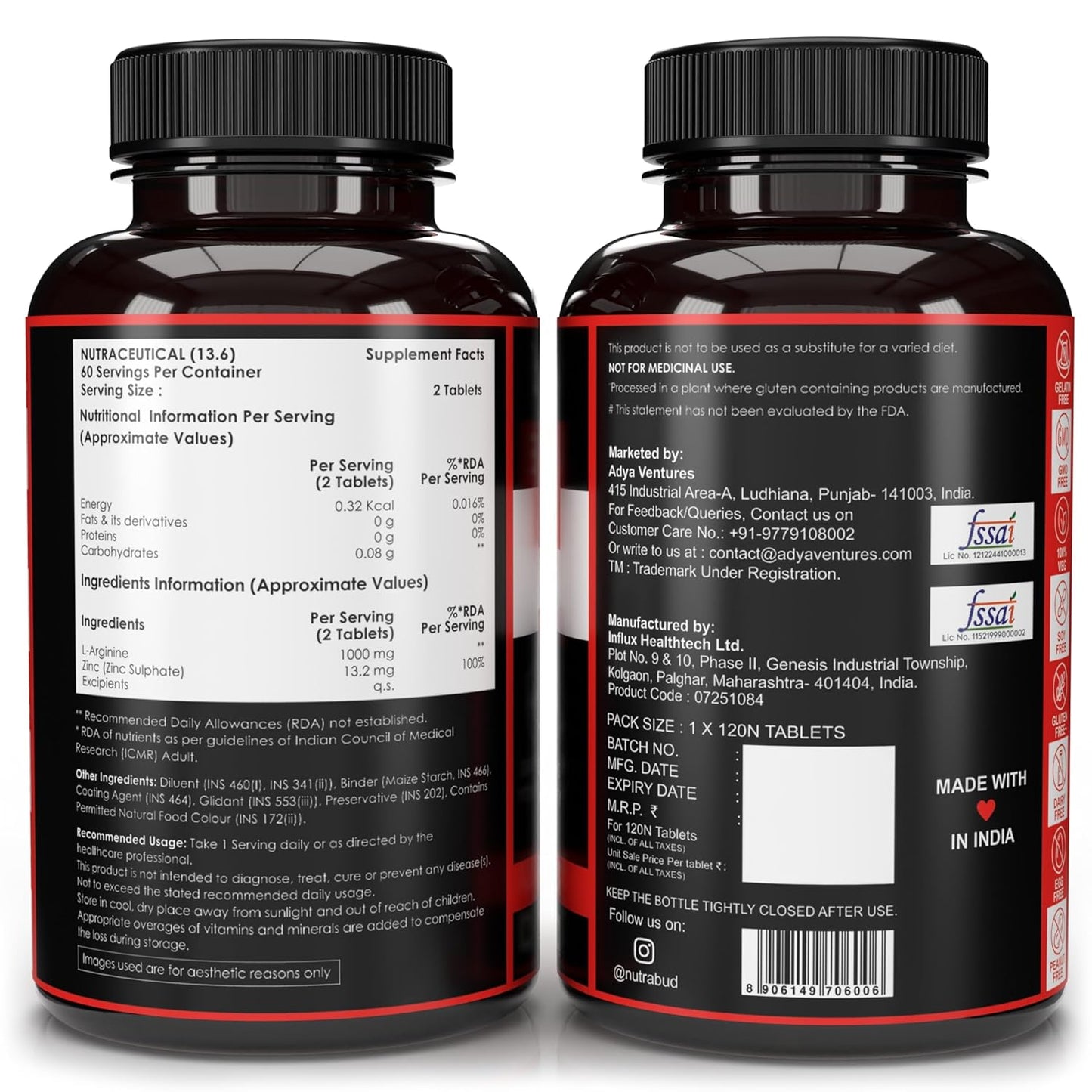 Nutrabud L-Arginine 1000 mg - 120 Tablets - Fuels Muscle Growth, Boosts Nitric Oxide Production (120 Count (Pack of 1), Unflavoured)