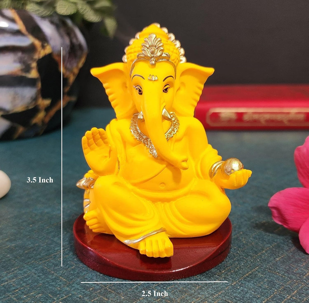 Handcrafted Poly Resin Ganesha Statue with Base - Perfect for Car Dashboard, Office Desk, Shelves, and Home Decor - Ideal Housewarming Gift! (GaddiMangowithbase)