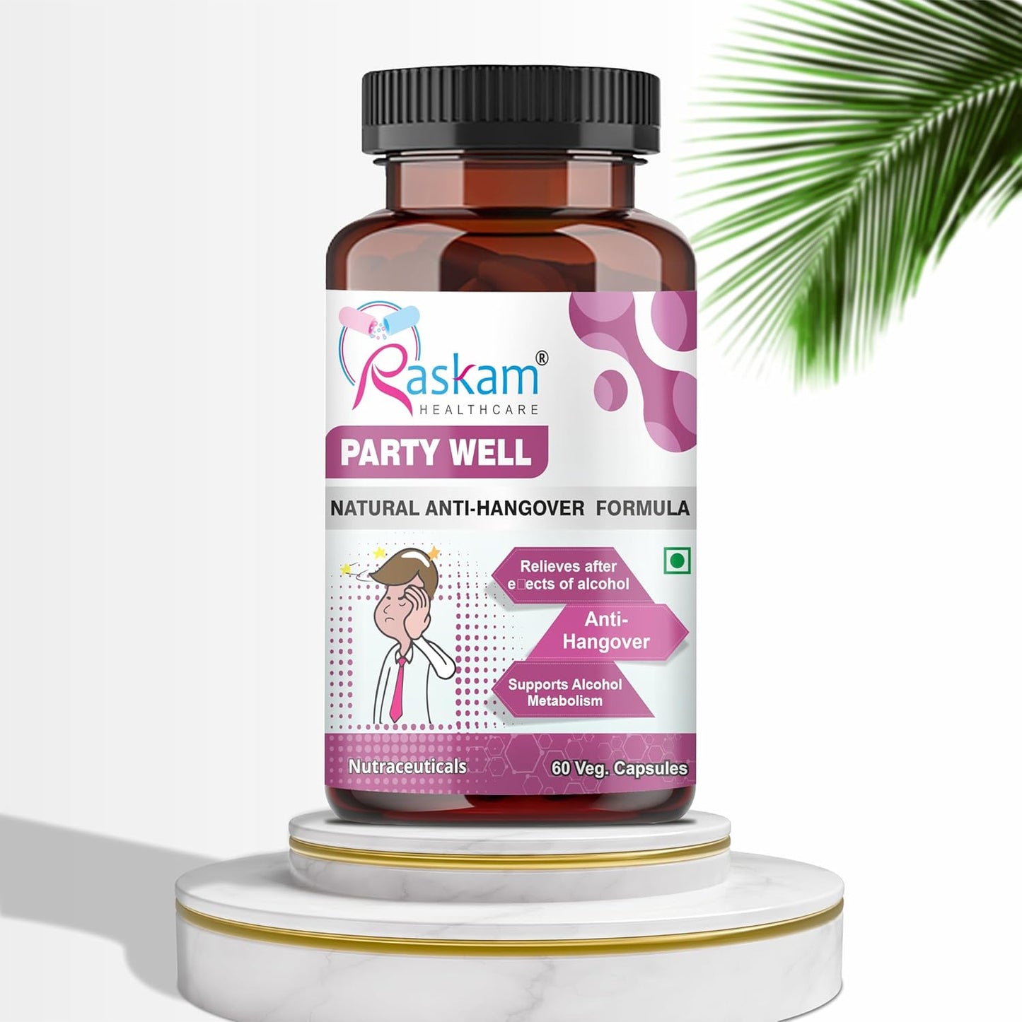 Raskam Party Well supplement bottle on a white background with a palm leaf.