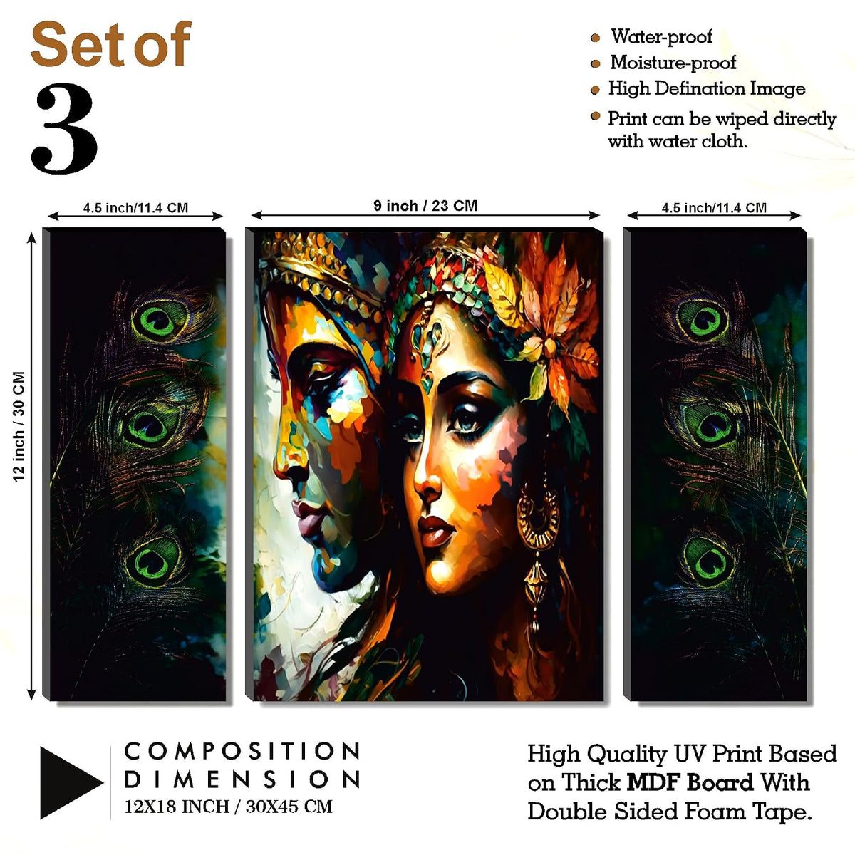 Radha Krishna Abstract Portrait & Peacock Feather Wall Art – Vibrant 3-Panel UV-Printed Triptych | Ready-to-Hang Spiritual Décor for Living Room, Bedroom & Pooja Room (20 Inch x 12 Inch) JM-35287