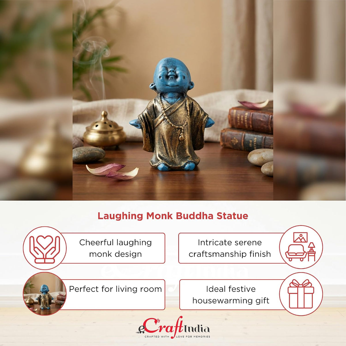 eCraftIndia Laughing Monk Buddha Statue Showpiece for Home Decor Living Room Bedroom Office Pooja Room | Gift for Diwali Housewarming Birthday