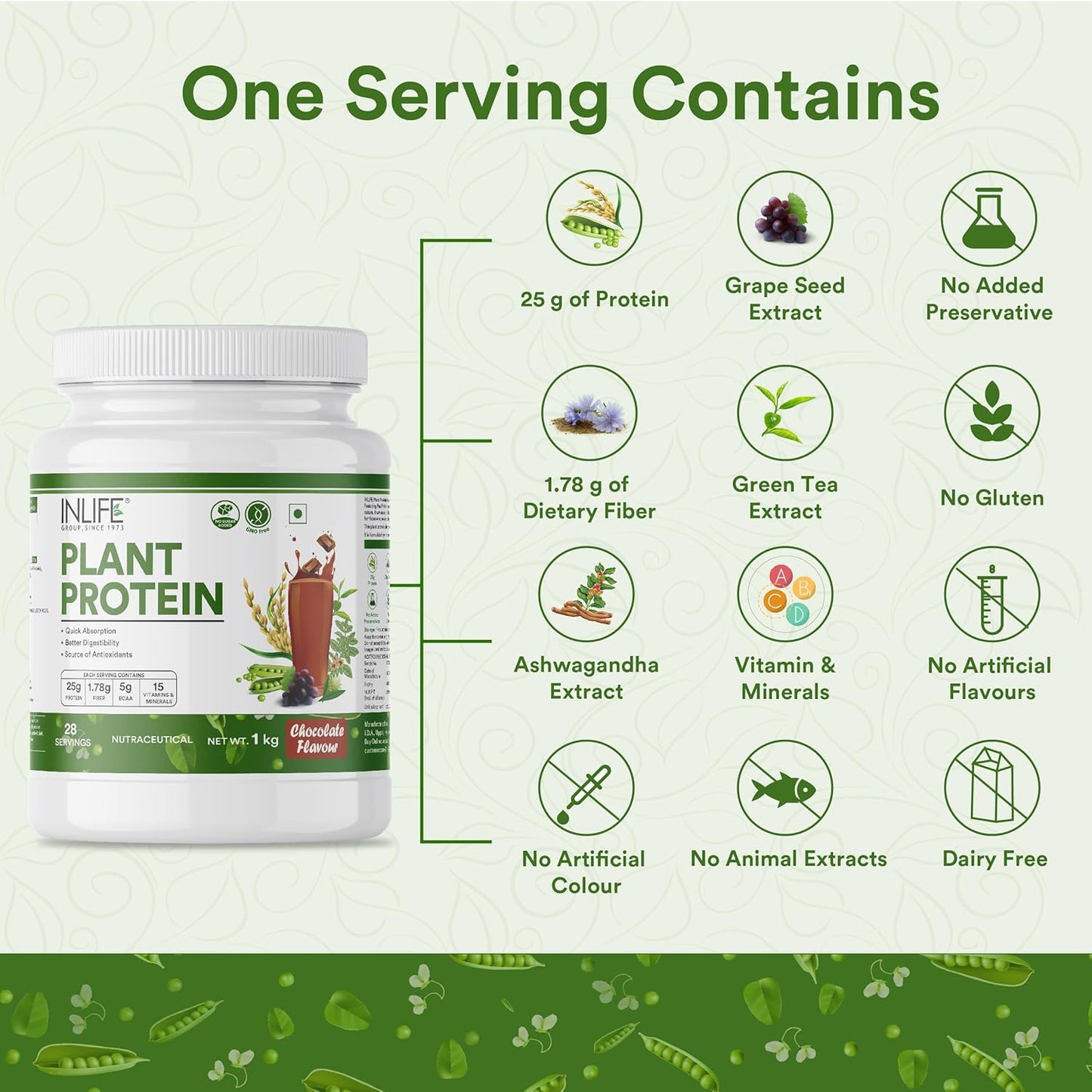 INLIFE Plant Protein Powder - Pea, Quinoa & Brown Rice - 25g Protein - Ashwagandha, Green Tea & Grape Seed Extract - Digestive Enzymes Bodybuilding Supplement (1kg, Chocolate)