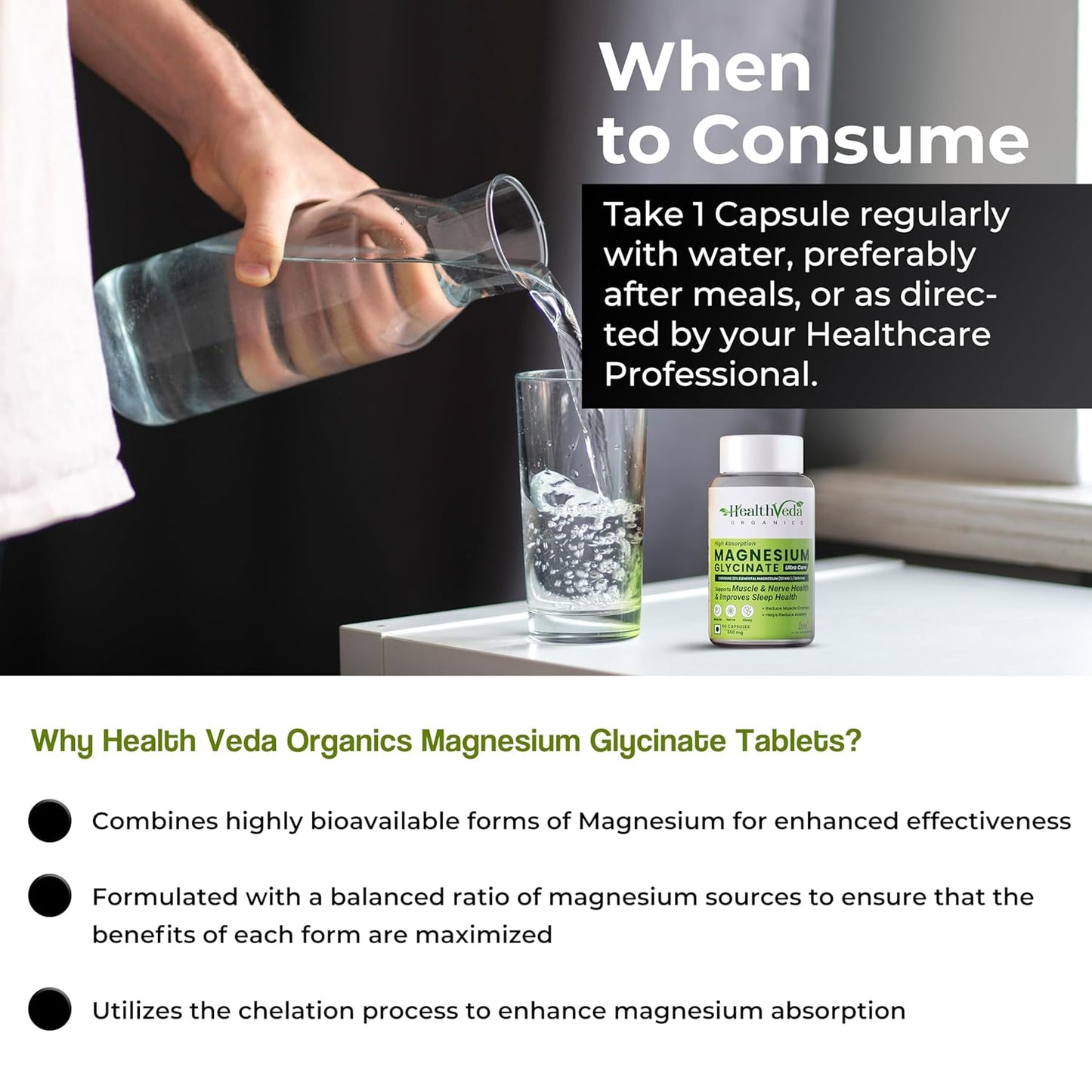 Zephivo HEALTH VEDA ORGANICS PRIVATE LIMITED High Absorption Magnesium Glycinate, 550mg | 60 Veg Capsules | Supports Nerve & Muscle Health | Improves Sleep Quality | For Both Men & Women