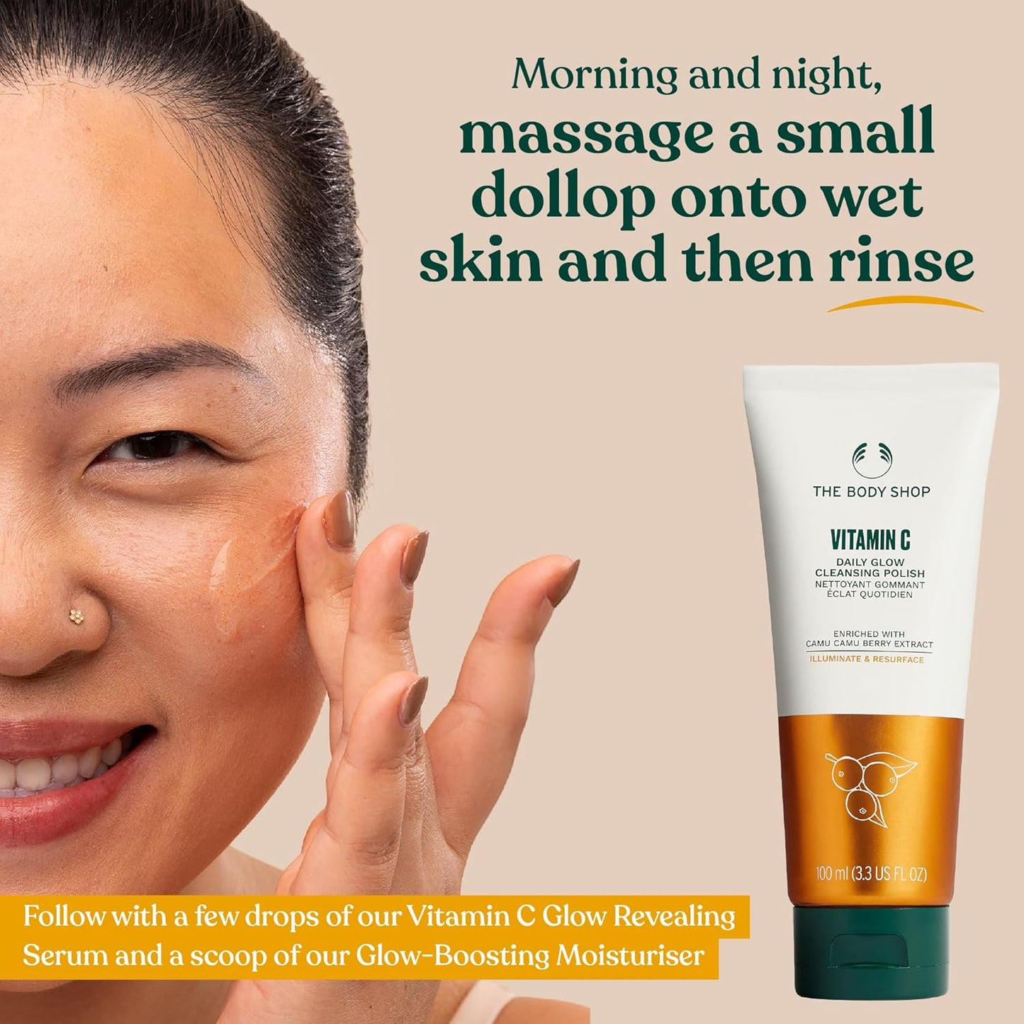 The Body Shop Vitamin C Daily Glow Cleansing Polish, 100 ML - For Dull, Tired Skin| Removes Dead Skin Cells| Radiance Revealing